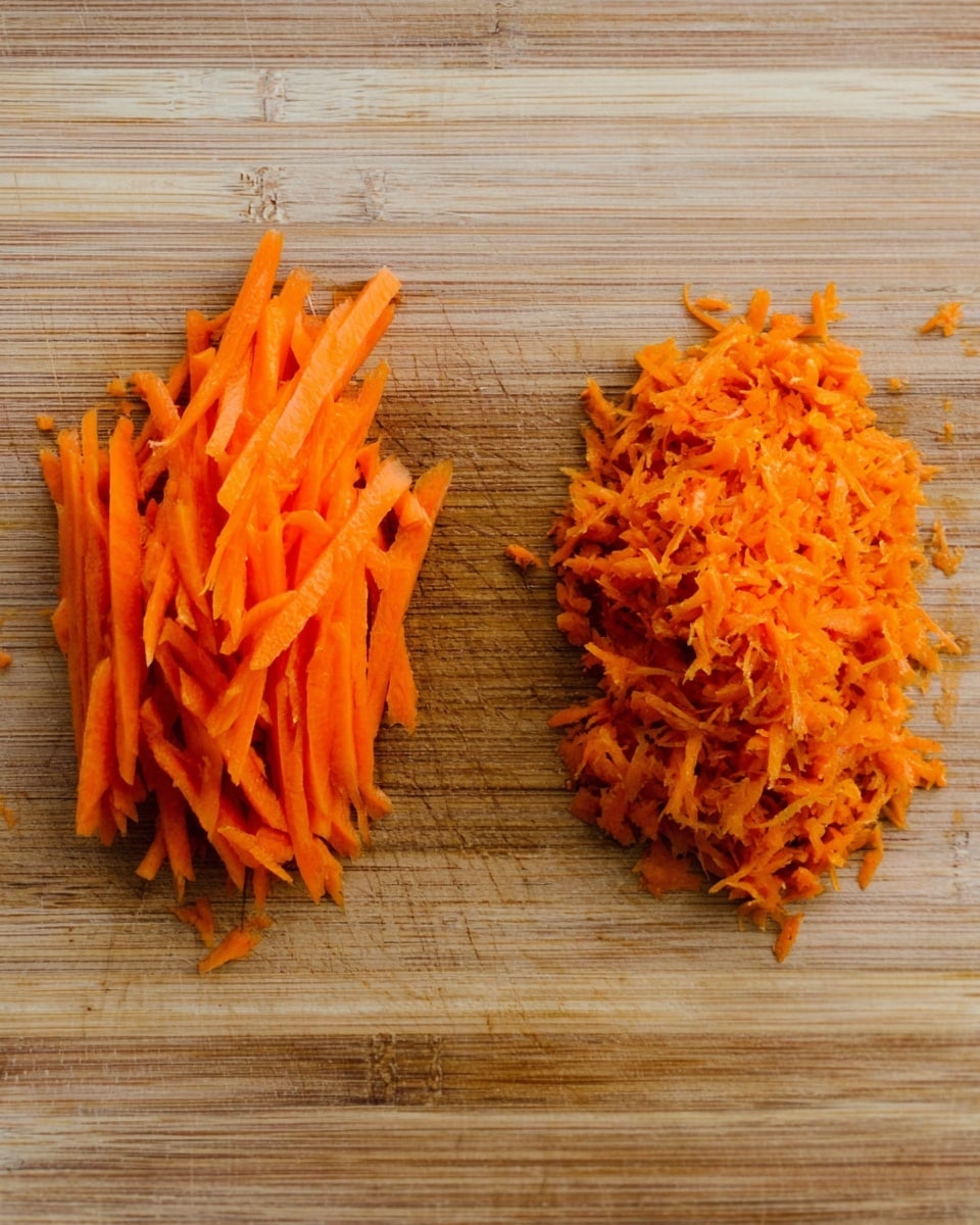 The image shows two piles of shredded orange carrots placed closely next to each other on a wooden cutting board. The pile on the left has long, thin, and uniformly shredded carrot strips, while the pile on the right consists of much smaller, finely shredded carrot pieces, almost like small bits. The wooden cutting board has a natural grain texture, and there is a small space between the two piles. The overall scene is simple and focused on the contrasting textures of the shredded carrots. Photo taken with an iphone --ar 4:5 --v 7