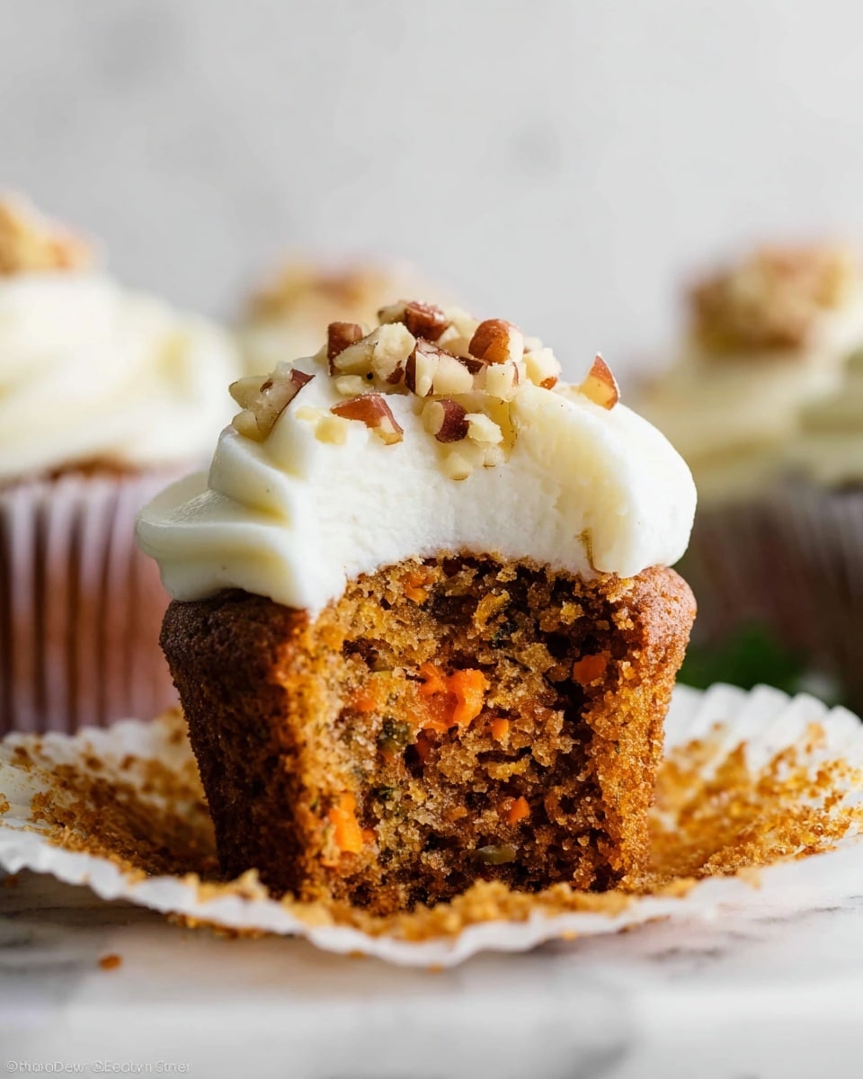 A close-up of a single carrot cupcake with one bite taken out, showing a moist, brownish orange cake layer with visible small orange carrot bits inside. The cupcake has a thick layer of creamy white frosting on top, which is fluffy and slightly textured, sprinkled with chopped nuts that add a crunchy look. The cupcake sits in a white paper liner, placed on a white marbled surface with blurred cupcake shapes in the background. Photo taken with an iphone --ar 4:5 --v 7