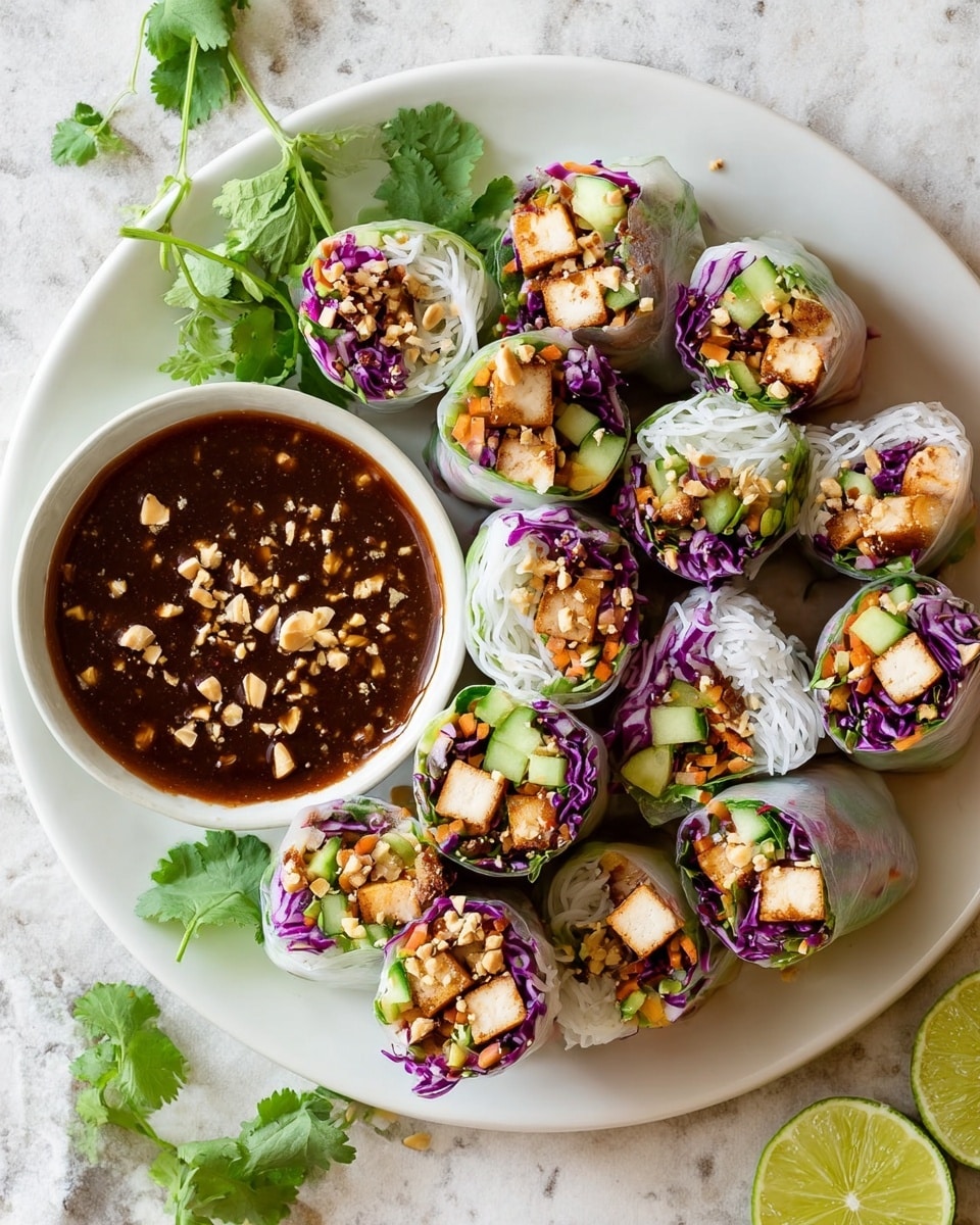 This image shows a white plate full of fresh spring rolls, each cut in half to reveal their layers. Each roll has a thin, translucent rice paper outer layer, inside which are visible white rice noodles forming a soft textured layer. Inside the noodles, there is a mix of bright purple shredded cabbage, small green cucumber cubes, and golden-brown tofu cubes arranged close to the cut faces. The rolls are sprinkled lightly with small crushed nut bits. Next to the rolls on the plate is a small bowl filled with thick, glossy dark brown dipping sauce topped with crushed nuts. The plate sits on a white marbled surface with a halved lime and some green cilantro leaves scattered nearby. Photo taken with an iphone --ar 4:5 --v 7