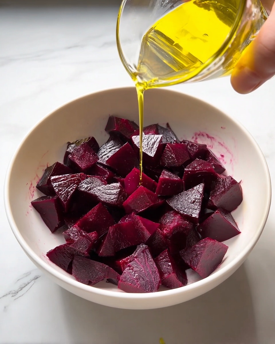 A white bowl filled with a single layer of dark purple cubed beets is shown from above. A woman's hand holds a small clear glass container, pouring golden olive oil in a thin stream over the beets. The background is a white marbled surface. The light reflects gently on the shiny beet cubes and the smooth flow of the oil photo taken with an iphone --ar 4:5 --v 7