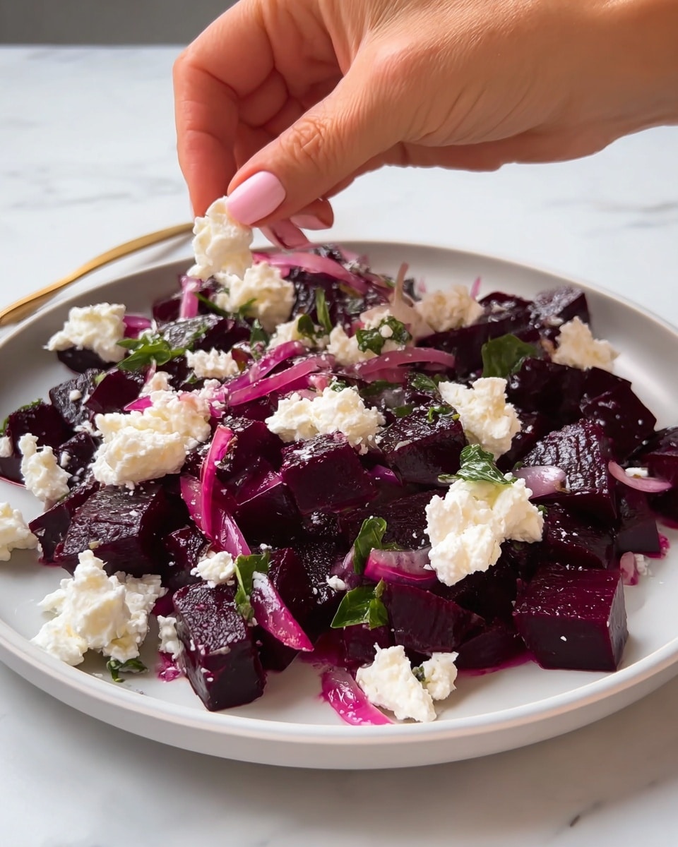 The image shows a white plate with a beet salad. The salad has deep purple beet cubes as the base layer, mixed with thin slices of light purple onions. Small green herb pieces are scattered throughout the beets. On top, there are uneven dollops of soft white cheese being added by a woman's hand. The plate is on a white marbled surface. The colors are vivid, with the dark purple of the beets contrasting with the white cheese and light purple onions photo taken with an iphone --ar 4:5 --v 7