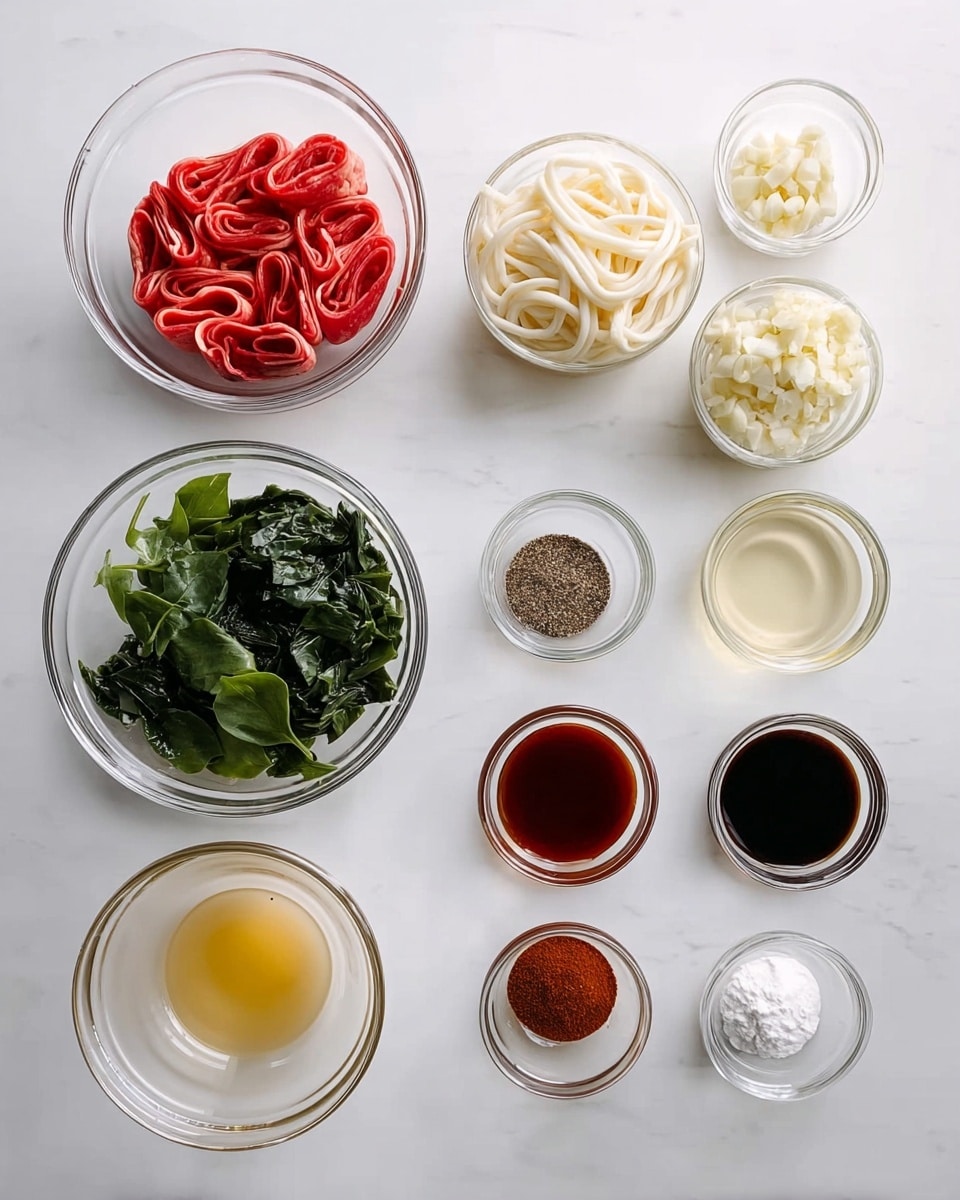 The image shows eleven clear glass bowls arranged on a white marbled surface, each containing different ingredients. In the top left, a bowl holds red rolled raw meat slices with a smooth texture. Below that, a bowl contains thick white udon noodles twisted together. Next to the noodles is a bowl filled with dark green leafy vegetables with a slightly rough texture. Above the vegetables, a small bowl has finely chopped white garlic. To the right of the garlic, a small bowl holds a clear, paleyellow liquid. Moving to the far right, there are seven small clear bowls arranged in two rows: the top row has a dark reddish-brown sauce, black pepper, and a light yellow liquid; the bottom row has dark soy sauce, light brown sauce, thick dark brown paste, and a white powder. The arrangement is neat and all bowls are evenly spaced. Photo taken with an iphone --ar 4:5 --v 7