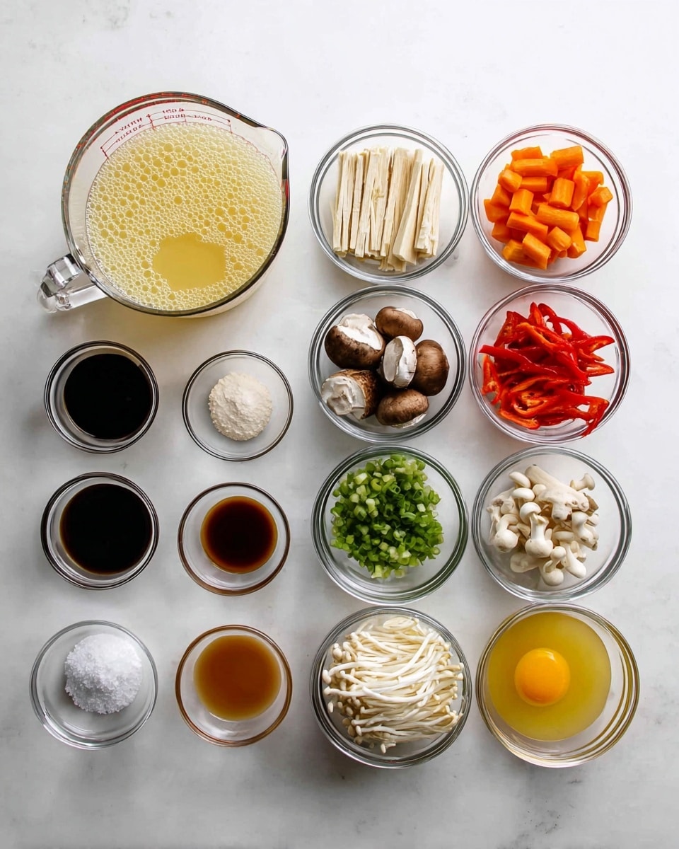 The image shows a neat arrangement of 15 clear glass bowls and a measuring cup on a white marbled surface. The measuring cup on the left holds pale yellow broth with bubbles on top. To its right, the first row from left to right includes light beige tofu strips, bright orange carrot sticks, red sliced chili peppers, dark soy sauce, and a white powder in a small bowl. The second row includes dark brown mushrooms, green chopped scallions, darker soy sauce, white granulated salt, and a small bowl of clear liquid. The third row has white enoki mushrooms, a bright yellow beaten egg, another small bowl of clear liquid, and a small bowl with amber-colored liquid. The layout is tidy and evenly spaced, with a clean and bright look. Photo taken with an iphone --ar 4:5 --v 7