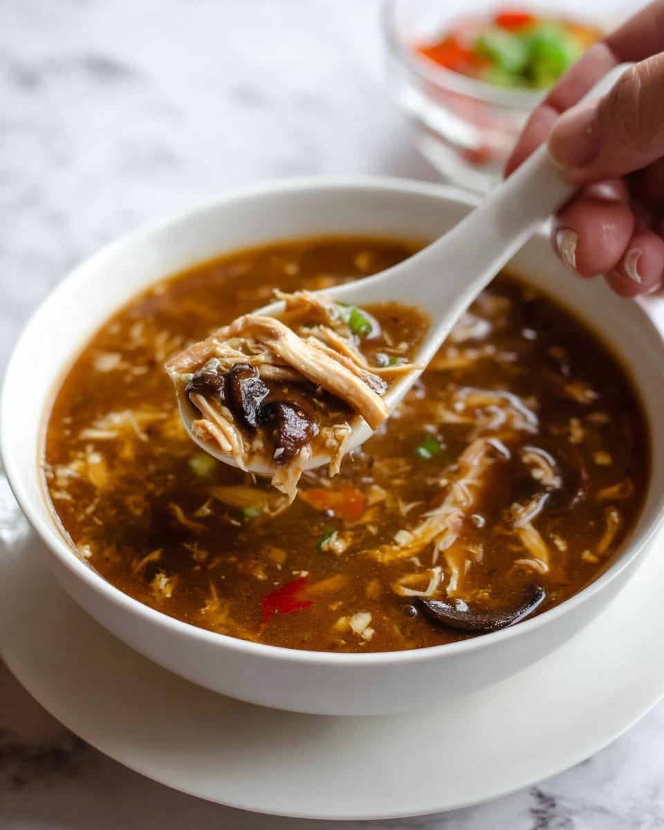 A white bowl filled with brown soup containing shredded light brown pieces and dark mushroom slices, along with small red and green vegetable bits floating in it; a white soup spoon held by a woman's hand scoops some of the soup, showing a mix of the shredded and vegetable pieces with a glossy broth; the background has a white marbled texture with a blurred hint of green and red in a glass bowl. photo taken with an iphone --ar 4:5 --v 7