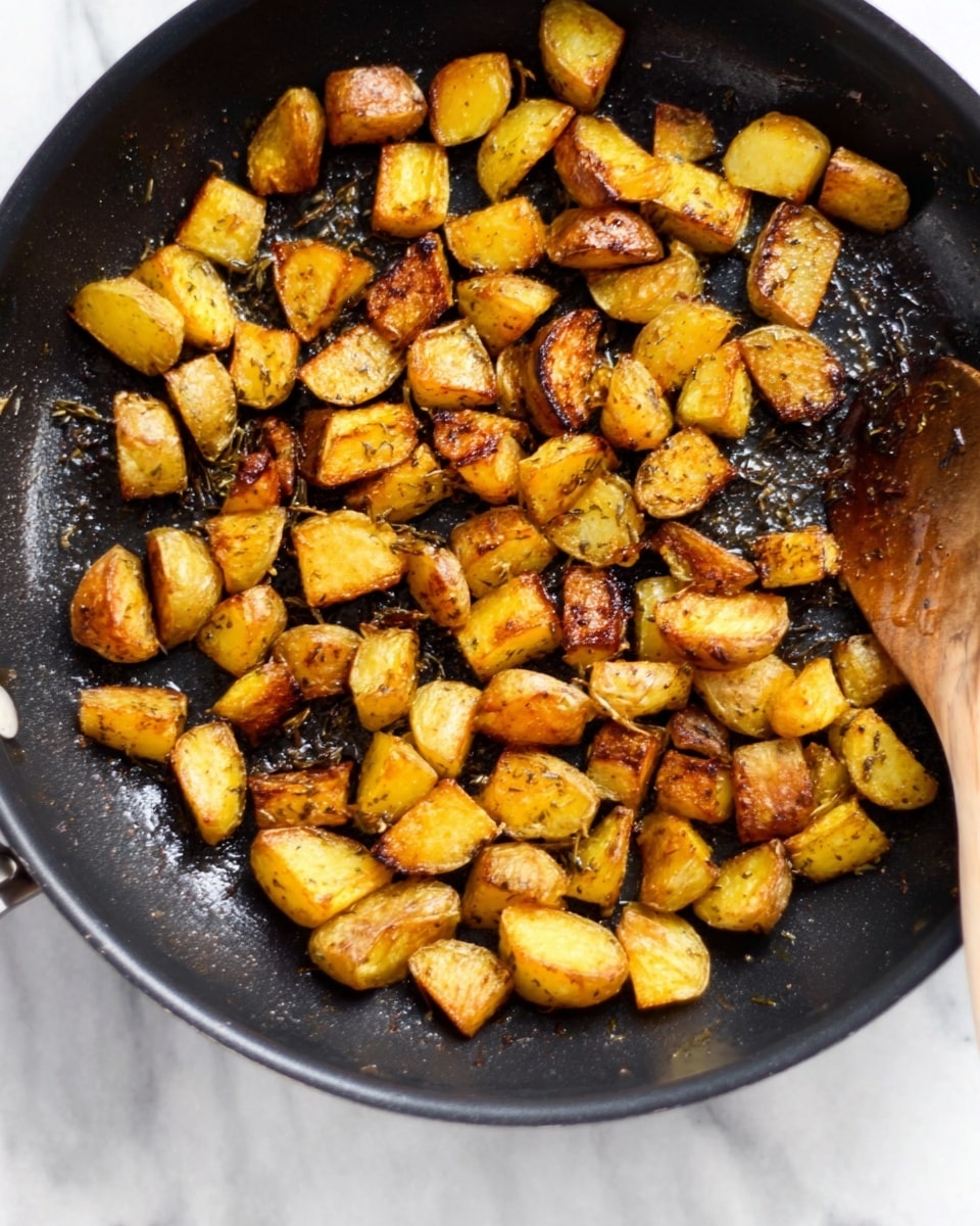 The image shows a black pan filled with small, golden brown roasted potato pieces that have a crispy texture. The potatoes are evenly spread across the pan, displaying a rough, slightly shiny surface from the cooking oil. Some pieces have darker brown spots, indicating a well-roasted finish. There is a wooden spoon resting inside the pan, partially visible on the right side, mixing or serving the potatoes. The pan is placed on a white marbled surface. Photo taken with an iphone --ar 4:5 --v 7