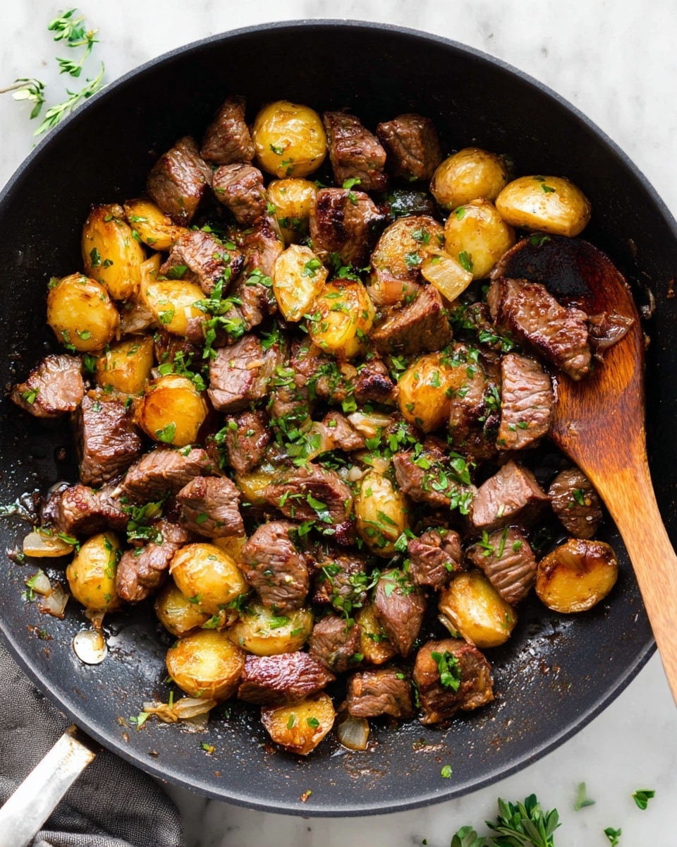A close-up view of a black pan filled with cooked meat chunks and small golden roasted potatoes mixed together, garnished with green chopped herbs. The meat pieces are unevenly shaped, seared brown with a juicy texture, while the potatoes have a slightly crispy exterior with a rich golden hue. A wooden spoon rests on the right side inside the pan, partly coated with the cooked food. The pan is placed on a white marbled surface with some green herbs scattered nearby. photo taken with an iphone --ar 4:5 --v 7