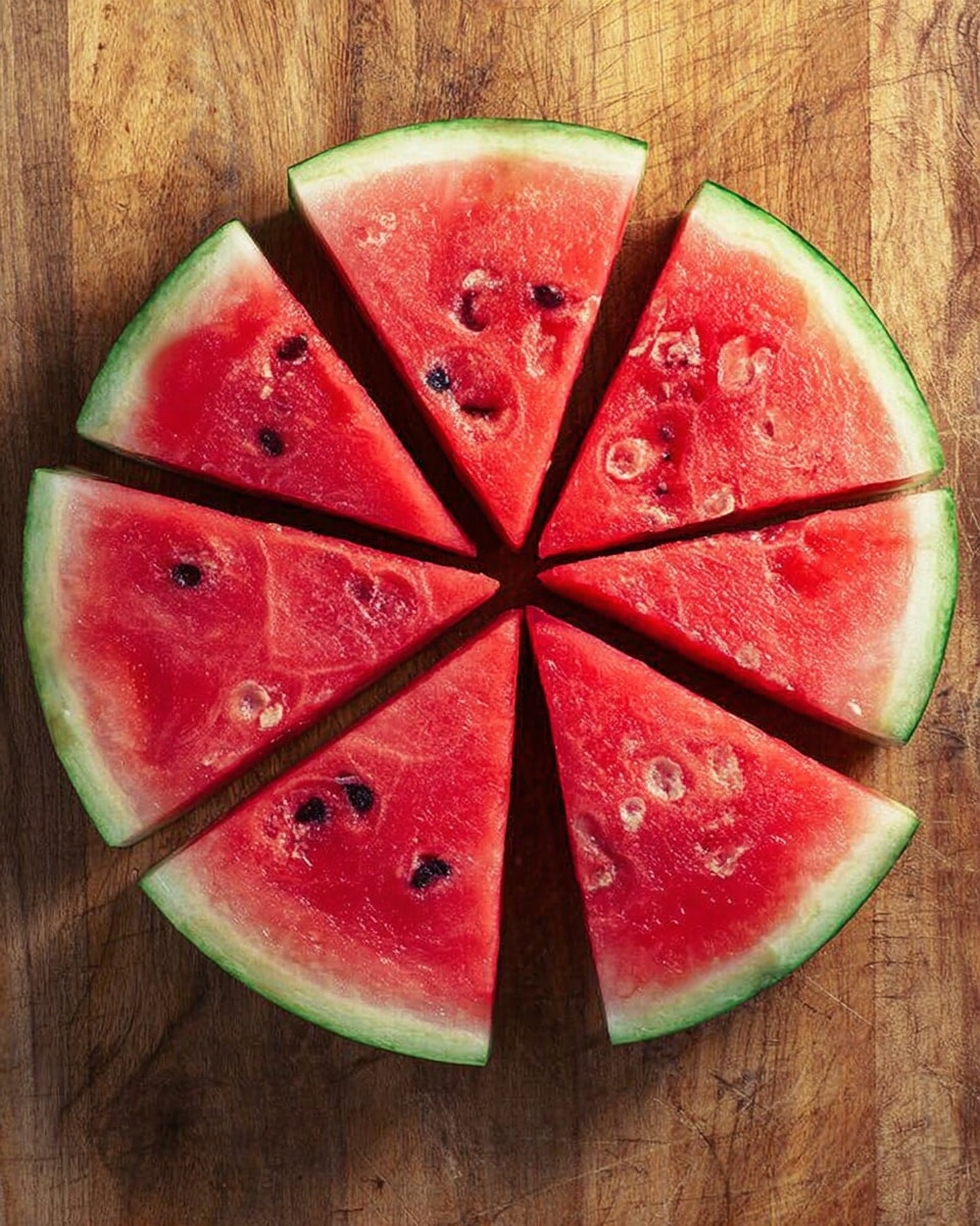 A round watermelon is sliced into eight triangular pieces arranged in a circle on a wooden cutting board, each piece showing vibrant red flesh with scattered black and white seeds and a thin green rind around the edge, creating a fresh and juicy look, bright and clear lighting highlights the texture of the fruit and the wood grain beneath photo taken with an iphone --ar 4:5 --v 7