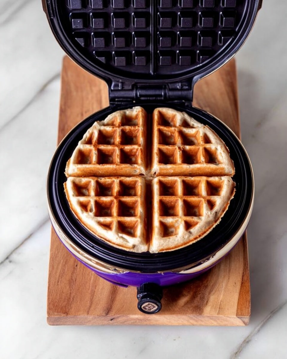 A golden brown waffle with a crisp texture sits centered inside an open black waffle iron, which has a purple outer casing. The waffle iron rests on a light wooden board, and the background is a white marbled surface. Photo taken with an iphone --ar 4:5 --v 7