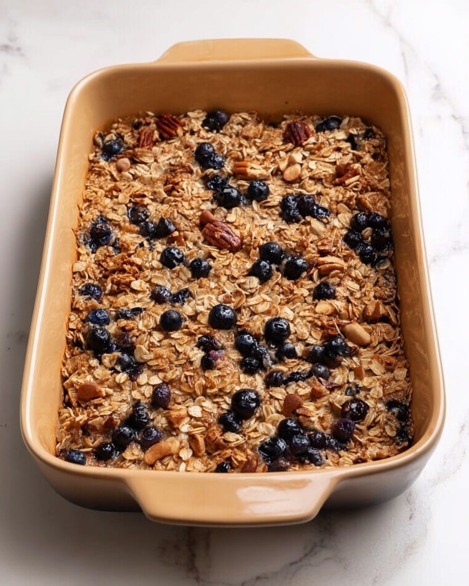 The image shows a rectangular beige baking dish filled with a baked oatmeal mix. The top layer is golden brown and textured with oats, nuts, and scattered dark blueberries baked into the surface. The dish rests on a white marbled surface, and the oatmeal has a chewy and crunchy look with uneven clusters, giving it a rustic appearance. Photo taken with an iphone --ar 4:5 --v 7