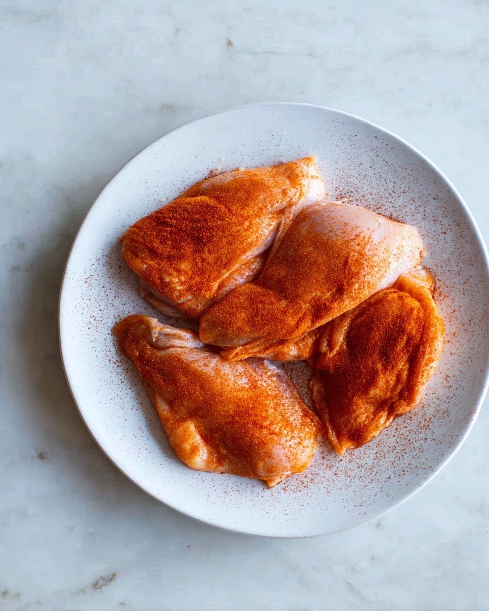 A white round plate holds four pieces of raw chicken, each covered with an even layer of reddish-orange spice powder. The chicken pieces vary in size and shape, lying flat and slightly overlapping each other. The background is a white marbled surface giving a clean and bright look. The photo taken with an iphone --ar 4:5 --v 7