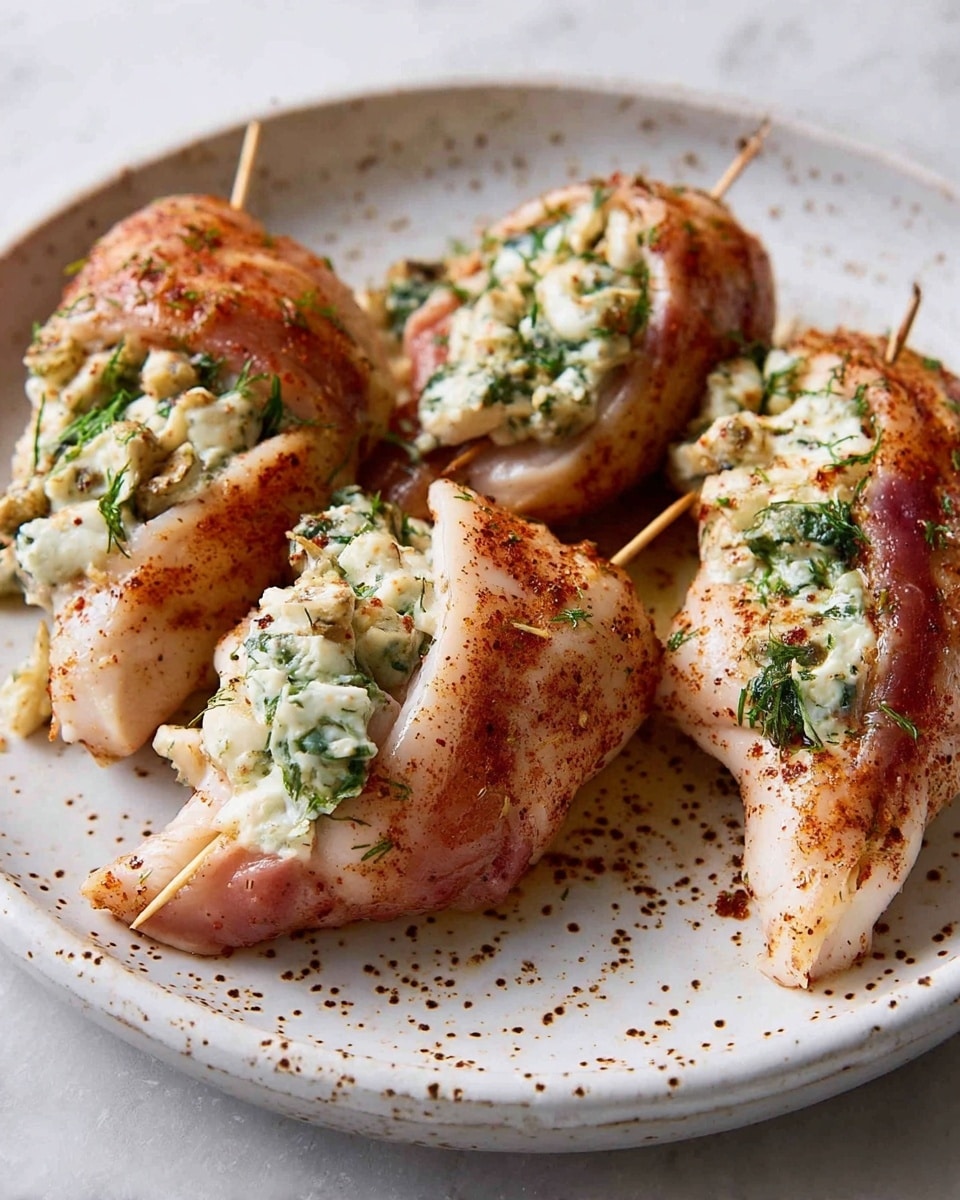 The image shows four pieces of raw chicken filled with a creamy white filling mixed with green herbs and small brown bits. Each chicken piece is folded over the filling and held together with toothpicks. The chicken has a light pink color with a reddish spice sprinkled on its surface. The stuffed chicken pieces sit on a white plate with brown speckles. The background is a white marbled surface. photo taken with an iphone --ar 4:5 --v 7