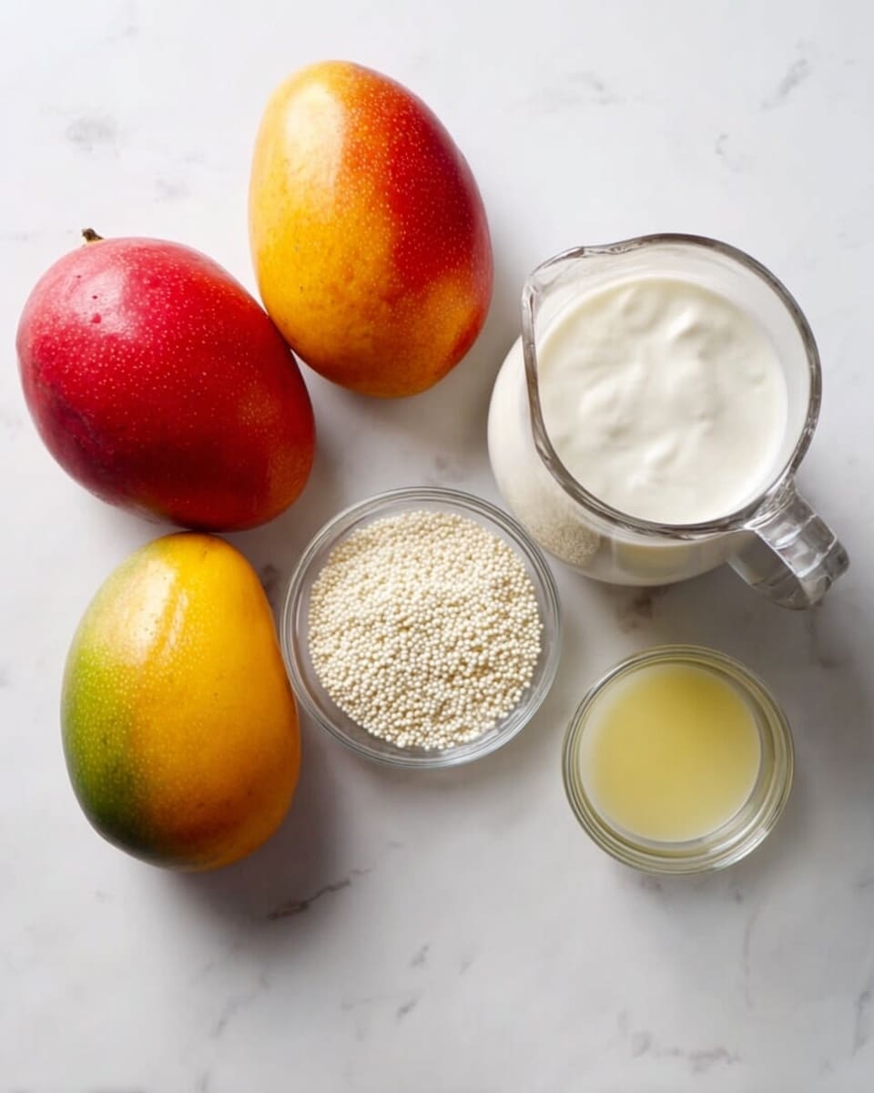 The image shows three whole mangoes with red, yellow, and green colors placed on a white marbled surface. Beside them, there is a clear glass jug filled with white creamy liquid, a small clear glass bowl with white round grains, and a small clear glass cup with light yellow liquid. All the items are spread out neatly on the surface with even lighting. photo taken with an iphone --ar 4:5 --v 7