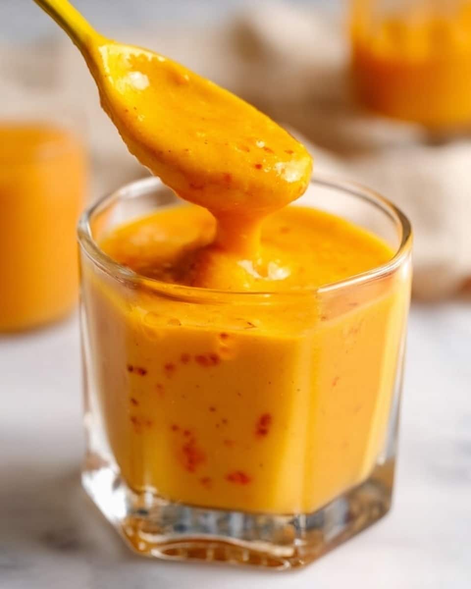 A clear square glass filled with thick, bright orange sauce that has visible small chunks and a creamy texture. A yellow spoon is lifting some sauce out of the glass, showing its smooth yet slightly chunky consistency. The glass sits on a white marbled surface with soft lighting highlighting the glossy surface of the sauce. In the background, blurry shapes suggest more glasses or items that share the warm orange color. Photo taken with an iphone --ar 4:5 --v 7
