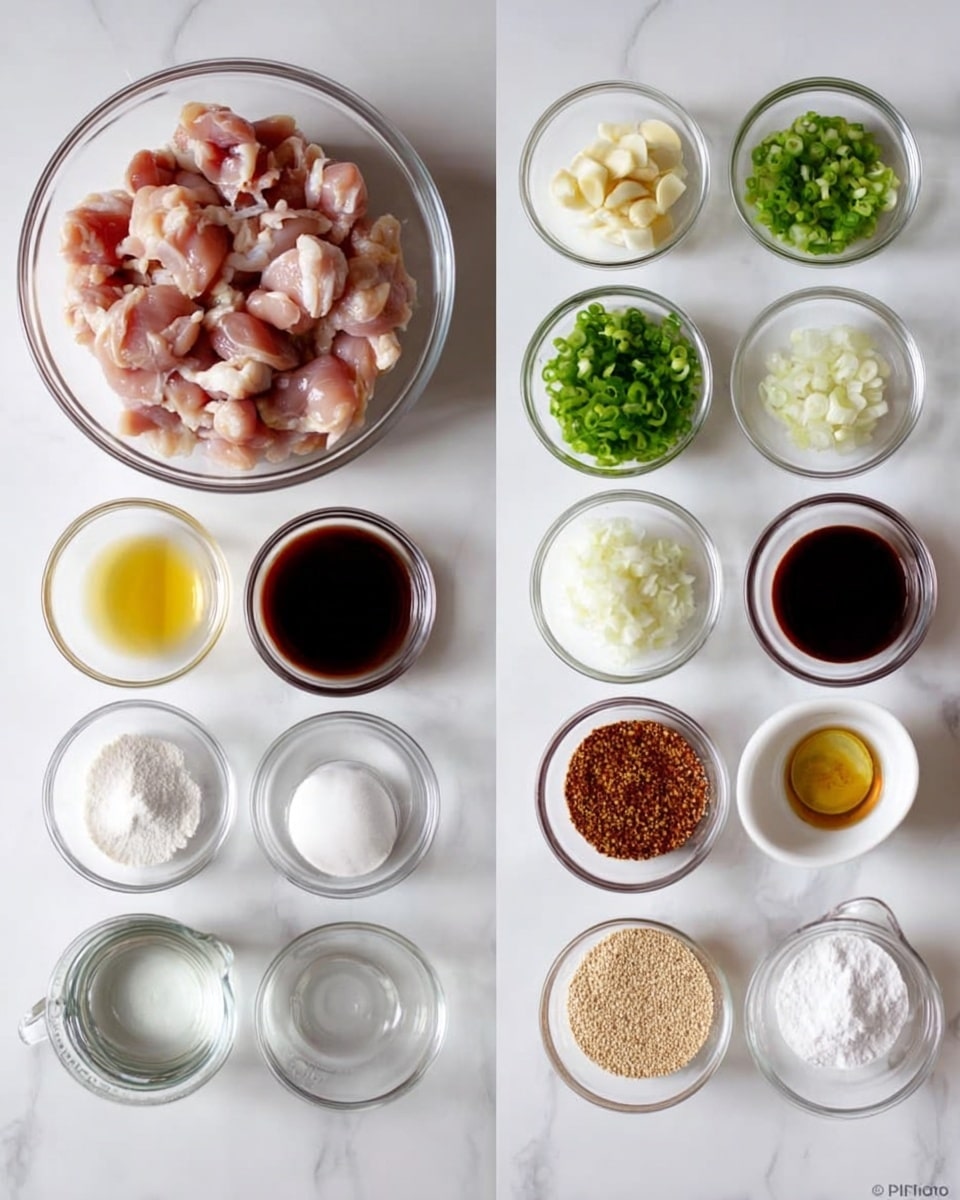 The image shows two groups of clear bowls on a white marbled surface, each filled with different cooking ingredients. On the left, a large bowl at the top is filled with raw pink chicken pieces, below it are smaller bowls containing chopped white onions, white powder, light yellow oil, chopped green onions, and pale brown sesame seeds. On the right, there are eight smaller bowls arranged in two columns; the top four include minced garlic, white granulated sugar, a dark red thick sauce, and a dark soy sauce. Below them are light brown sesame seeds, honey colored liquid, a clear glass measuring cup with water, and white powder. Photo taken with an iphone --ar 4:5 --v 7