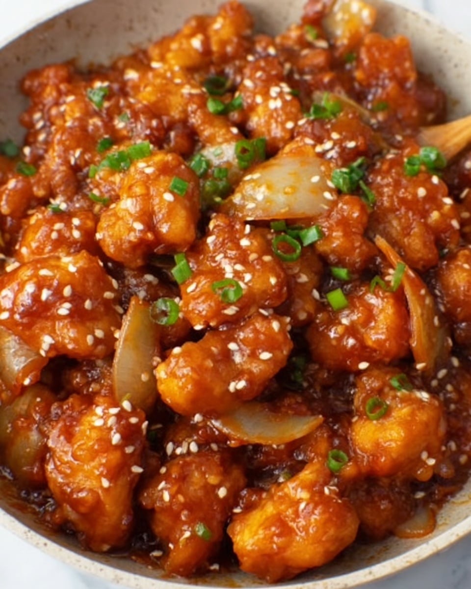 A close-up view of a bowl filled with small pieces of golden brown chicken coated in a shiny reddish-brown sauce. The dish includes cooked onion slices mixed evenly throughout. The pieces are sprinkled with white sesame seeds and small green onion bits, adding pops of light color on top. The bowl is white and sits on a white marbled surface. photo taken with an iphone --ar 4:5 --v 7