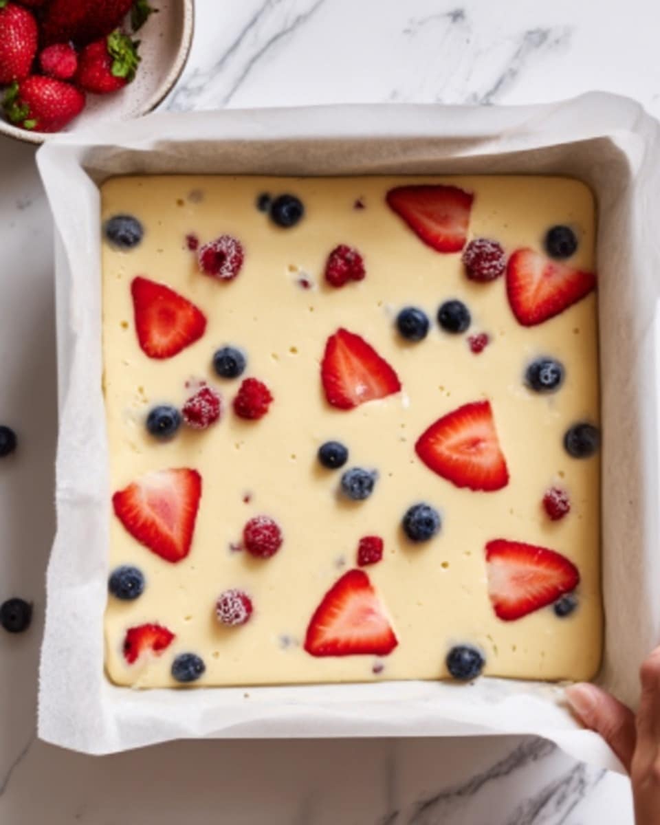 A square white baking tray lined with parchment paper holds a thick layer of smooth, pale yellow batter. Scattered evenly on top are several red strawberry slices, small clusters of blue blueberries, and a few tiny red raspberries, all slightly pressed into the batter. The tray is placed on a white marbled surface, and a woman's hand is reaching toward the corner of the tray. photo taken with an iphone --ar 4:5 --v 7