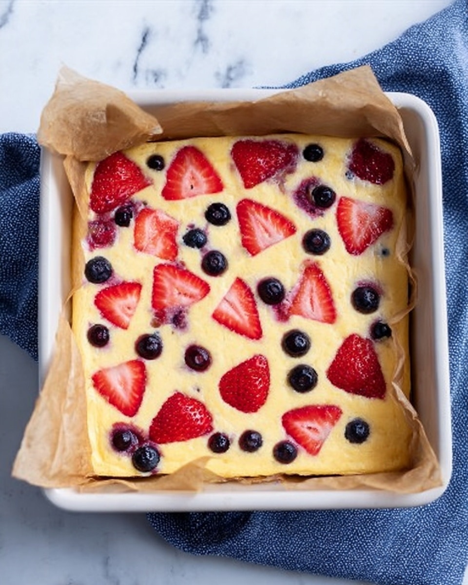 A square baked dessert in a white baking dish lined with brown parchment paper sits on a blue cloth, placed on a white marbled surface. The dessert has a smooth, creamy yellow top layer dotted with halved red strawberries and small dark blueberries scattered evenly across it. The edges of the dessert hold the parchment paper slightly above the surface, showing the thickness of the dessert which appears soft and slightly firm. Photo taken with an iphone --ar 4:5 --v 7