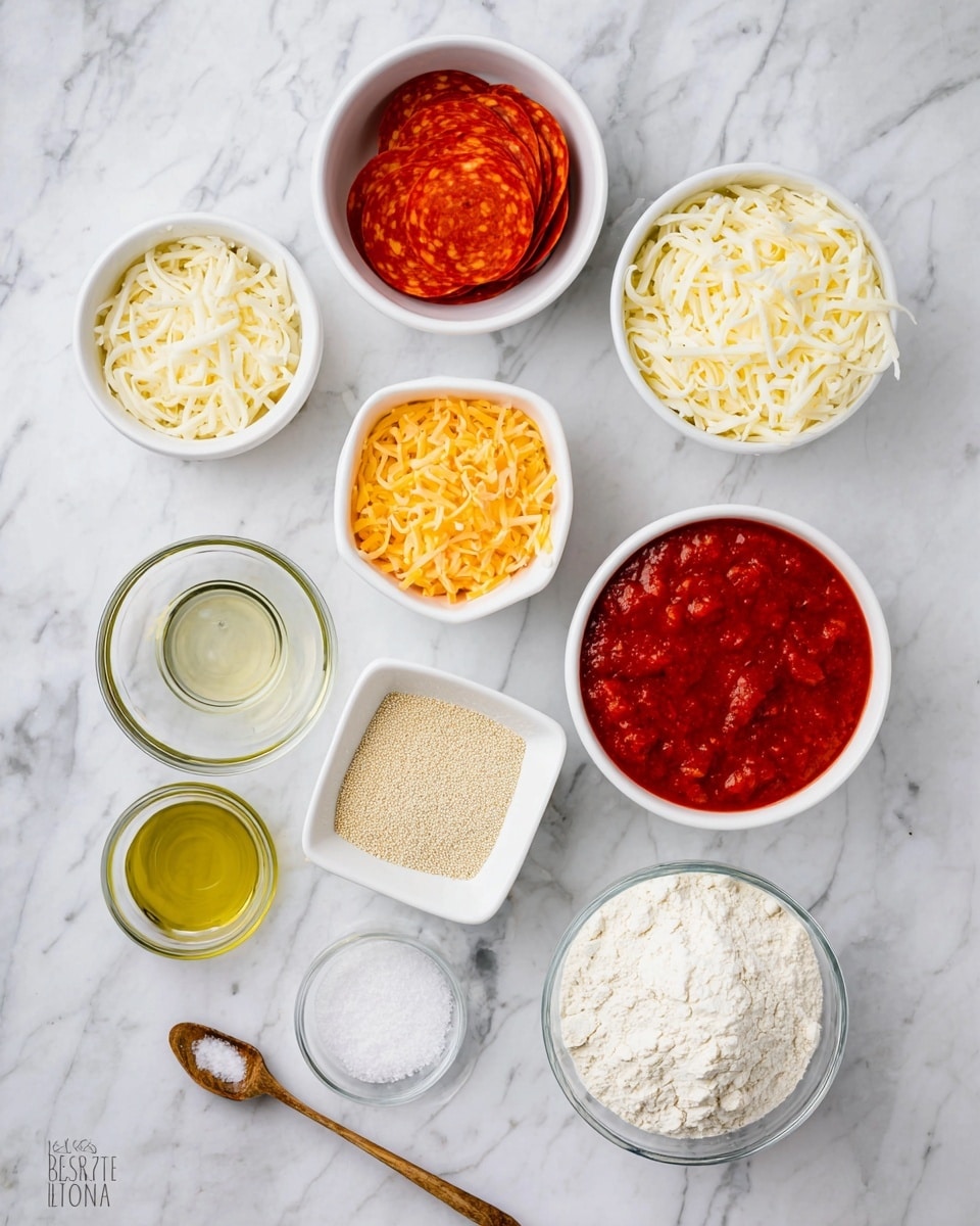 The image shows nine small white bowls arranged on a white marbled surface, each holding a different ingredient. Starting from the top left, a bowl with bright red pepperoni slices, next a bowl with shredded yellow cheese, below that a bowl filled with shredded white cheese, and next to it a bowl with red tomato sauce that has a smooth texture with small bits inside. Below the cheeses, there is a bowl with white flour, a square white bowl with beige dry yeast granules, and a clear glass bowl with white granulated salt. At the bottom left, a small glass bowl contains golden olive oil, and a small wooden spoon holds a pinch of salt, resting on the surface. Photo taken with an iphone --ar 4:5 --v 7
