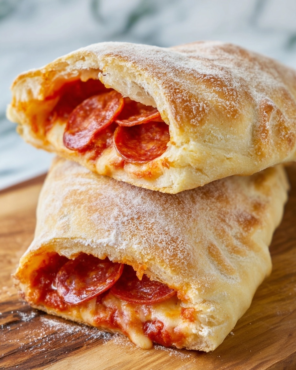 The image shows two calzones stacked on a wooden surface with a white marbled background. The calzones have a light golden-brown crust with a soft, airy texture lined with a thin layer of flour dusting the outside. The top calzone is cut in half, revealing inside layers of bright red tomato sauce mixed with melted cheese and slices of reddish-brown pepperoni. The sauce and toppings fill the calzone in the center, with the bread slightly puffy around the edges. The overall look is warm and inviting with a nice contrast between the crispy outside and the saucy inside. Photo taken with an iphone --ar 4:5 --v 7