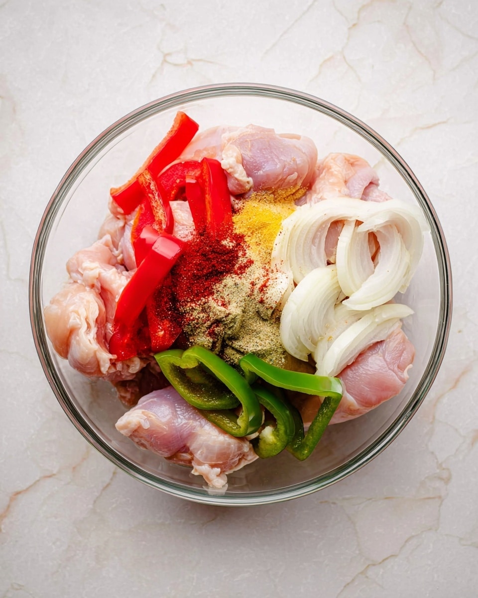 A clear glass bowl sits on a white marbled surface, filled with raw chicken pieces as the bottom layer, pale pink with smooth texture. On top of the chicken, there are neatly arranged slices of bright red bell pepper on one side and fresh green bell pepper slices on the other, both with shiny, crisp textures. Thin, white onion slices with a translucent look are layered next to the green peppers, sprinkled lightly with various powders and spices including yellow seasoning, red paprika, and beige garlic powder that add specks of color to the ingredients. The spices create small mounds over the chicken and vegetables, giving the overall dish a colorful and fresh look. photo taken with an iphone --ar 4:5 --v 7