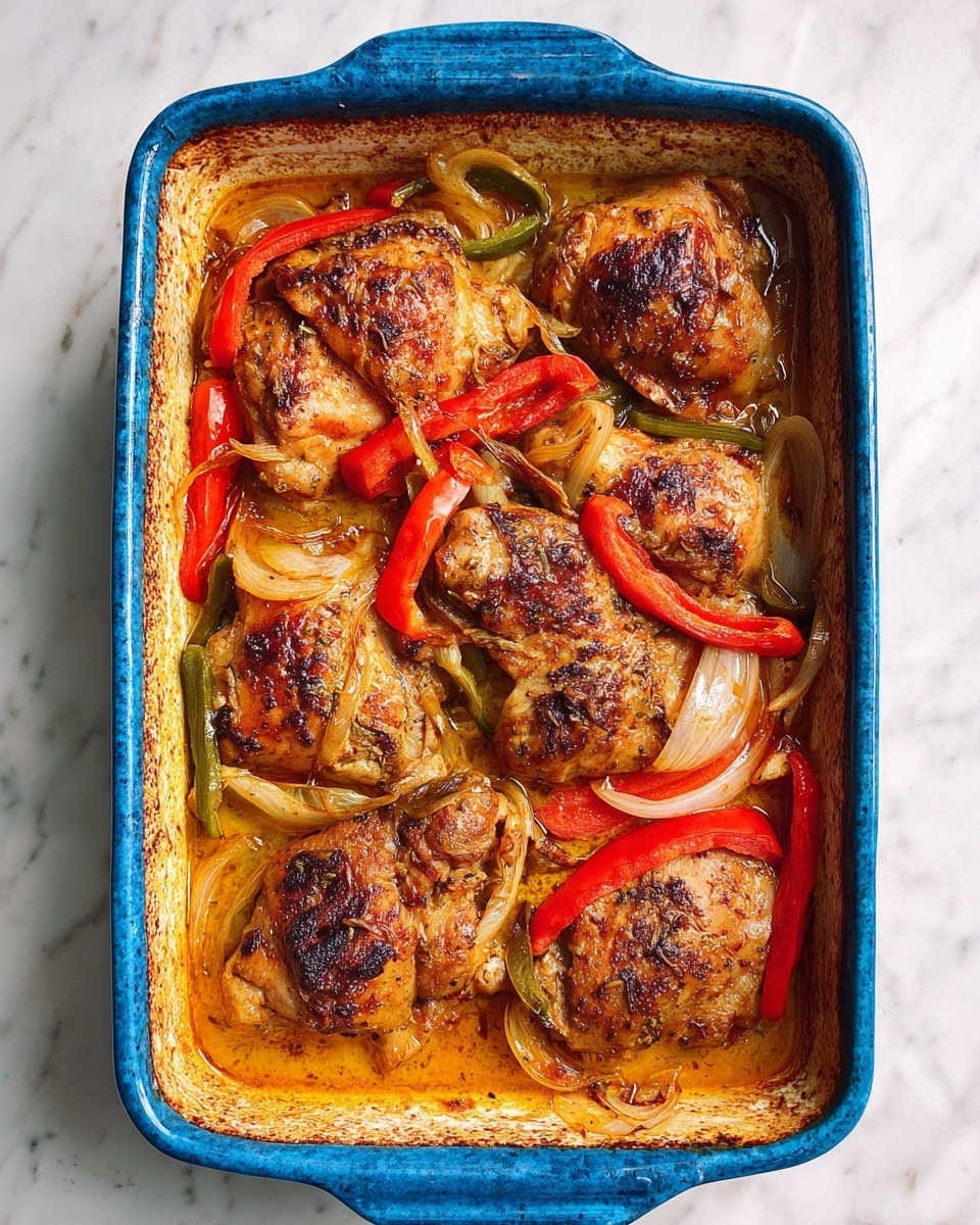 The image shows a blue ceramic baking dish filled with baked chicken pieces that have a golden-brown color with some darker roasted spots. The chicken pieces are arranged closely together, surrounded by slices of red and green peppers and thin onion strips, all cooked in a light orange sauce. The dish is on a white marbled surface. photo taken with an iphone --ar 4:5 --v 7