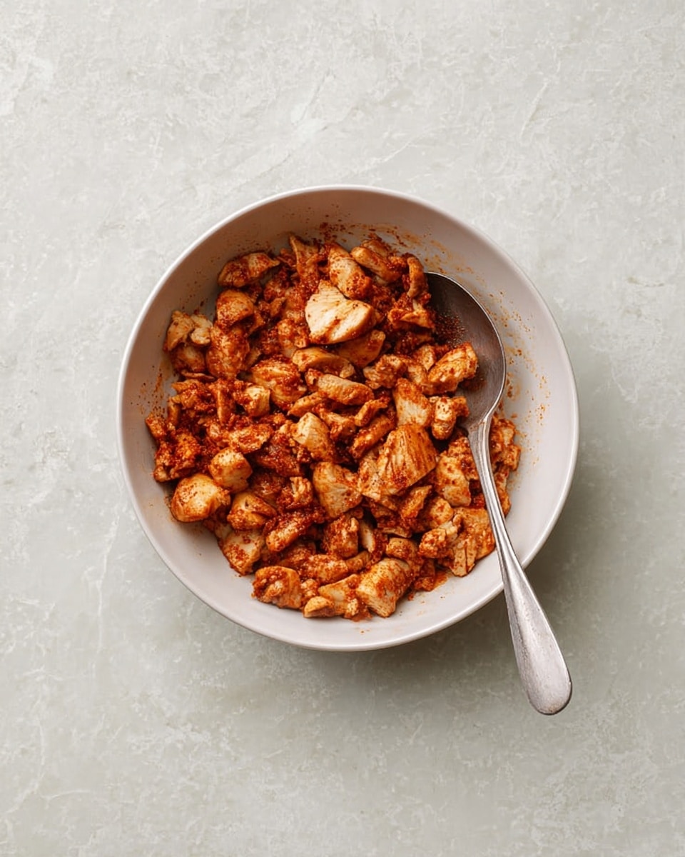 A round white bowl sits on a white marbled surface, filled with small, uneven pieces of cooked chicken tossed in a reddish-brown spice mix. The chicken pieces have a slightly rough texture with some parts showing a lighter, cooked interior. A silver spoon rests inside the bowl on the right side, its bowl slightly embedded in the chicken. Photo taken with an iphone --ar 4:5 --v 7