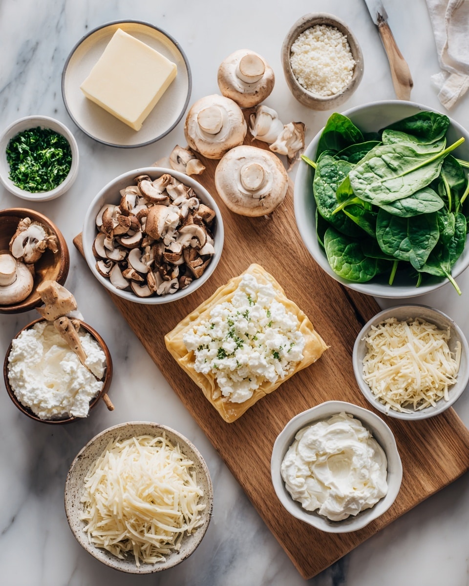 Top-down professional food photography flat lay style, bright white marble countertop, neatly arranged, evenly spaced, tidy, clean organized layout, include: small plate of butter, small bowl of chopped mushrooms, small bowl of finely minced onion, small bowl of minced garlic, small bowl of cream cheese, bowl of fresh spinach leaves, sheet of thawed puff pastry on a wooden cutting board, small bowl of shredded mozzarella cheese, small bowl of shredded gruyere cheese, small bowl of freshly chopped parsley. Bright soft natural lighting, sharp focus, high detail textures, realistic reflections, professional DSLR look, 4K, no finished dish, no cooked food, no hands, no text, no watermark, no brand logos --ar 4:5 --v 7