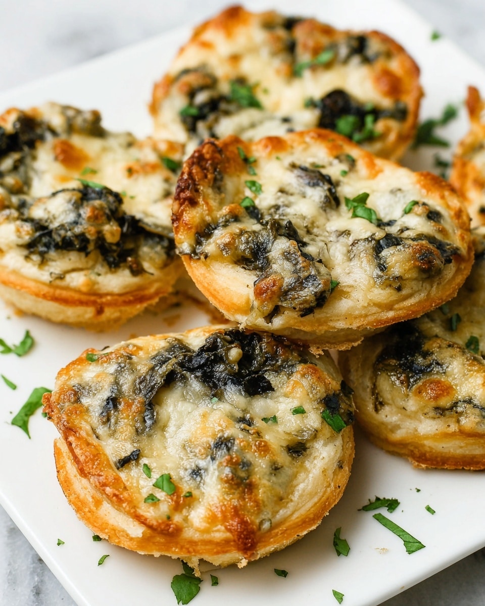 The image shows small round pastries on a white plate with a white marbled surface underneath. Each pastry has two layers: the base is a golden brown baked dough with crisped edges, and the top layer is a mix of melted light beige cheese with some browned spots and dark green leafy vegetables spread unevenly. Some chopped fresh green herbs are sprinkled on top and around the pastries for garnish. The texture looks soft and slightly bubbly from the cheese, with crisp parts on the edges. Photo taken with an iphone --ar 4:5 --v 7