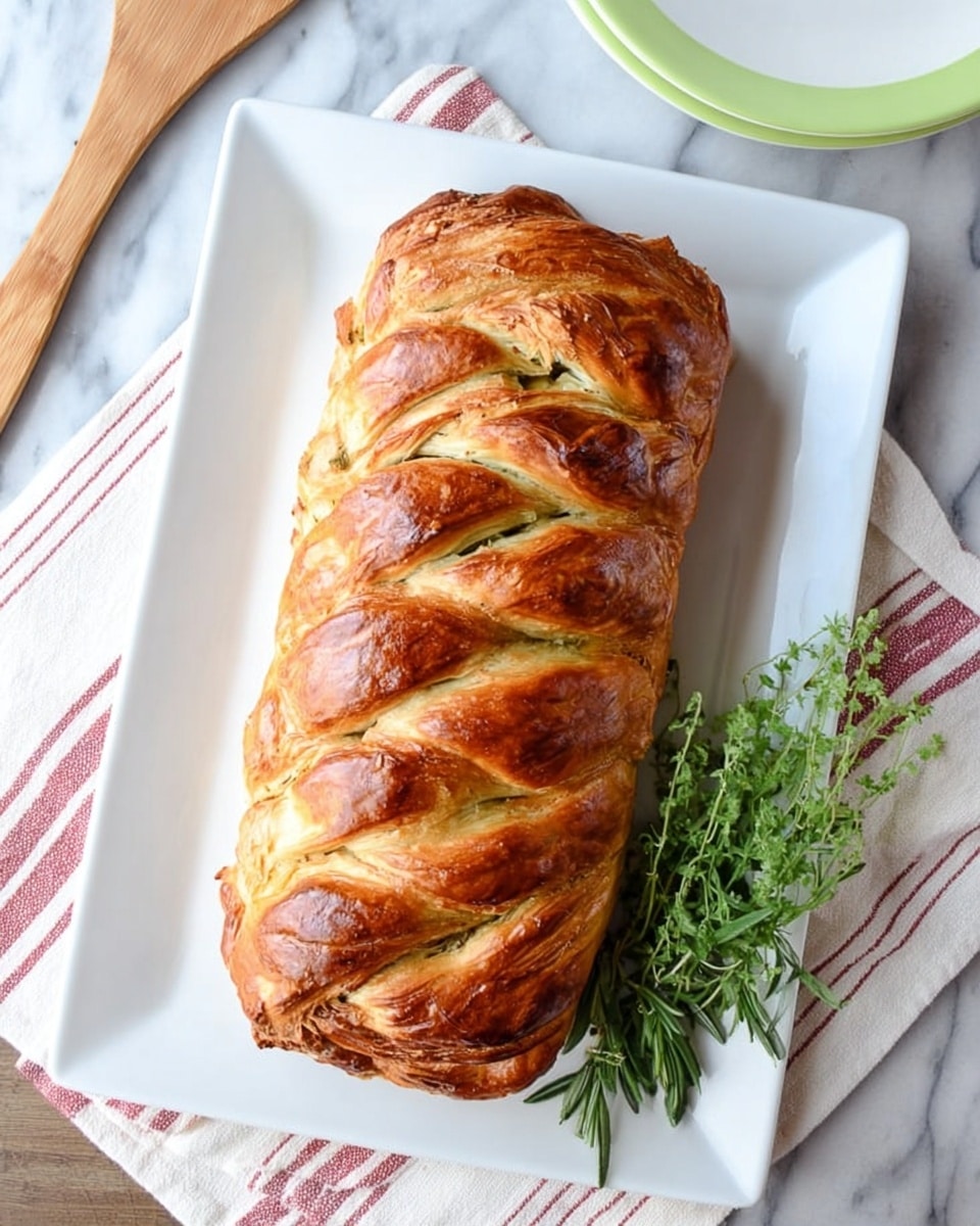 A single loaf of braided pastry sits in the center of a white rectangular plate, with a golden-brown crust that looks shiny and slightly flaky. The pastry has diagonal cuts across the top that reveal bits of a green filling beneath the crust. On the right side of the plate, a small bunch of fresh green herbs with fine, needle-like leaves adds a touch of color. The plate rests on a white and pale red striped cloth that lies on a white marbled surface. In the top left corner, a wooden spatula partially appears, and the edge of a white plate with a light green rim is visible in the upper right corner photo taken with an iphone --ar 4:5 --v 7