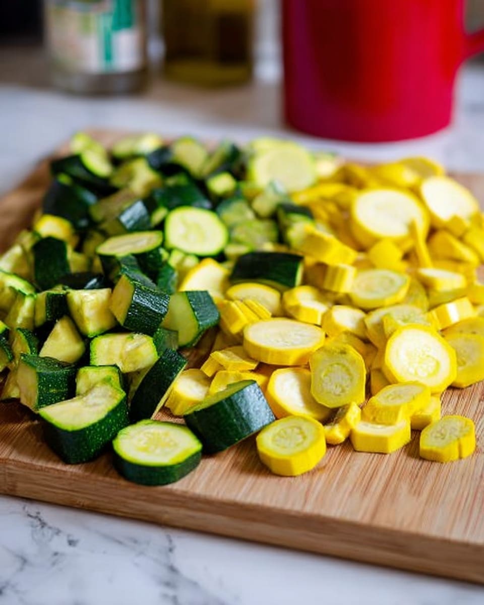 The image shows a wooden board on a white marbled surface, filled with sliced green and yellow squash. The green squash pieces are cut into small curved chunks with dark green skin and light green inside, arranged mostly on the left and center part of the board. On the right side, yellow squash slices are round and bright yellow with a soft texture inside, mixed slightly with some green squash pieces. The scene is bright and clear, with a slightly blurred background containing a red cup and a container, giving a fresh kitchen feel. Photo taken with an iphone --ar 4:5 --v 7