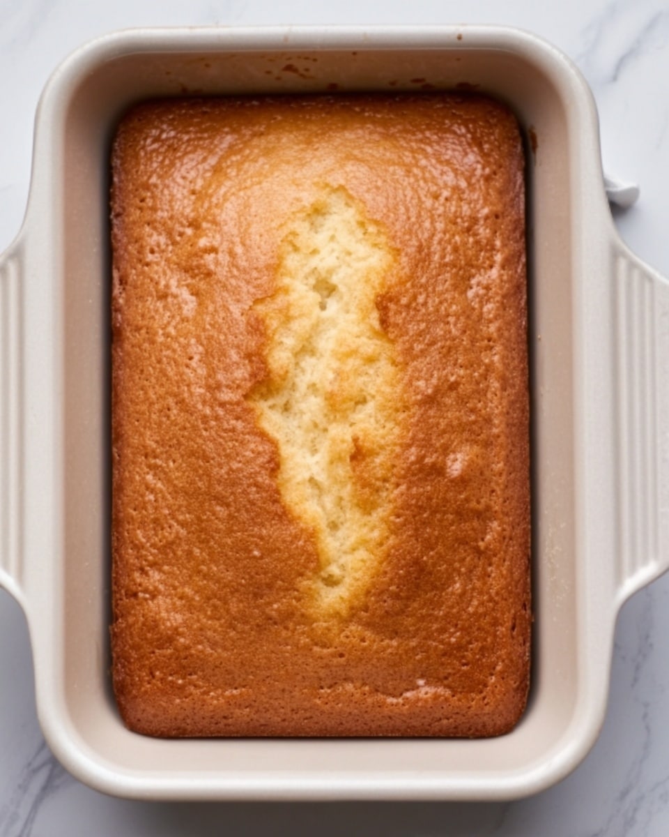 The image shows a rectangular golden-brown cake in a white baking pan. The cake has a smooth, slightly cracked surface with a light, even color overall. The pan sits on a white marbled surface. The cake looks soft and baked well with a few tiny bubbles visible on top photo taken with an iphone --ar 4:5 --v 7