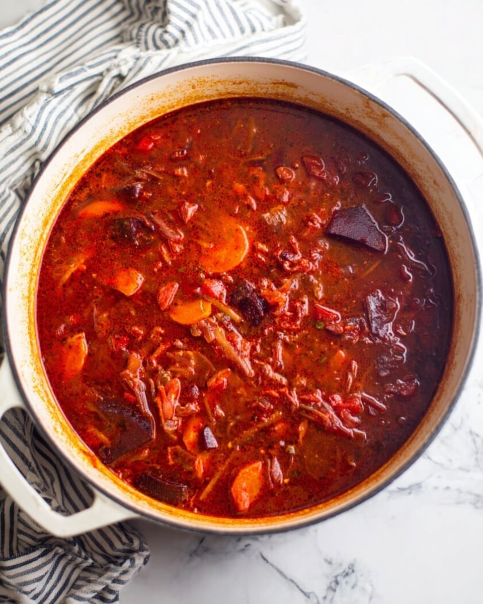 A top view of a large white pot filled with a thick red stew, showing visible chunks of vegetables like orange carrot slices and dark purple beet pieces mixed in a rich, slightly oily liquid. The pot sits on a white marbled surface with a folded white and dark blue striped cloth underneath it on the left side. The stew looks warm and hearty with a mix of smooth and chunky textures, and the pot has two handles on each side. photo taken with an iphone --ar 4:5 --v 7