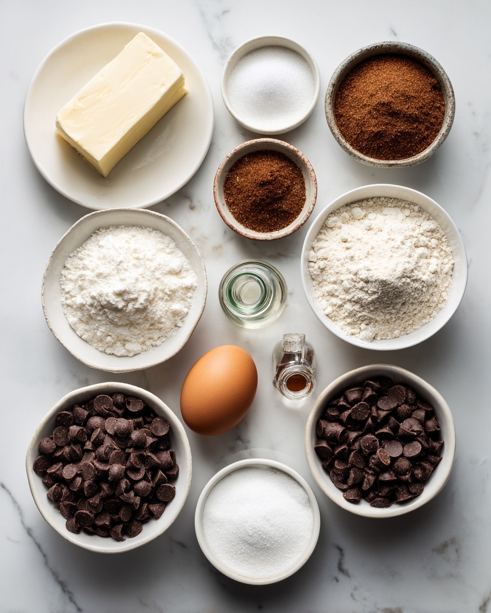 Top-down professional food photography, flat lay style, bright white marble countertop, neatly arranged, evenly spaced, tidy, clean organized layout, include: small plate of unsalted butter (softened), small bowl of cane sugar, small bowl of coconut sugar, small plate with one large egg, small glass bottle of vanilla flavoring, small bowl of baking soda, small bowl of salt, bowl of whole wheat flour, bowl with dark chocolate chips (divided into two separate bowls), bright soft natural lighting, sharp focus, high detail textures, realistic reflections, professional DSLR look, 4K, no finished dish, no cooked food, no hands, no text, no watermark, no brand logos --ar 4:5 --v 7