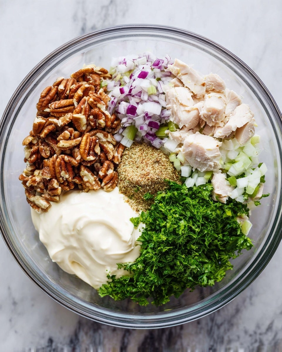 A clear glass bowl holds seven separate layers of ingredients neatly placed side by side. Starting at the top left is a pile of chopped pecans with a rough, brown texture. Next to it on the right are small pieces of purple and white onion and light green celery bits. On the top right is a smooth, thick white yogurt or mayonnaise mixture. Moving to the bottom right, there are small chunks of light beige chicken. In the center is a small dollop of grainy, light brown mustard. Below that, fresh, bright green chopped parsley adds a leafy texture. At the bottom left, there is a creamy, off-white mayonnaise-like sauce. The bowl rests on a white marbled surface. photo taken with an iphone --ar 4:5 --v 7