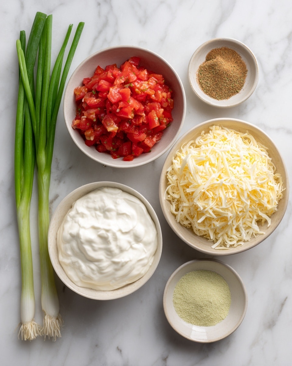 The image shows six bowls arranged on a white marbled surface. One large bowl at the bottom left holds smooth, thick white sour cream with a soft texture. To the right, a large bowl is filled with a mixture of yellow and white shredded cheese, fluffy and slightly curly. Above these, a medium bowl is filled with bright red diced tomatoes mixed with small bits of herbs or spices, showing a juicy texture. To the right of the tomato bowl, a small bowl contains a pale green powder seasoning, finely ground. On the left side, a small bowl holds a coarse brown powder. At the top, three fresh green onions with white bases and long green stems lie horizontally. The photo taken with an iphone --ar 4:5 --v 7