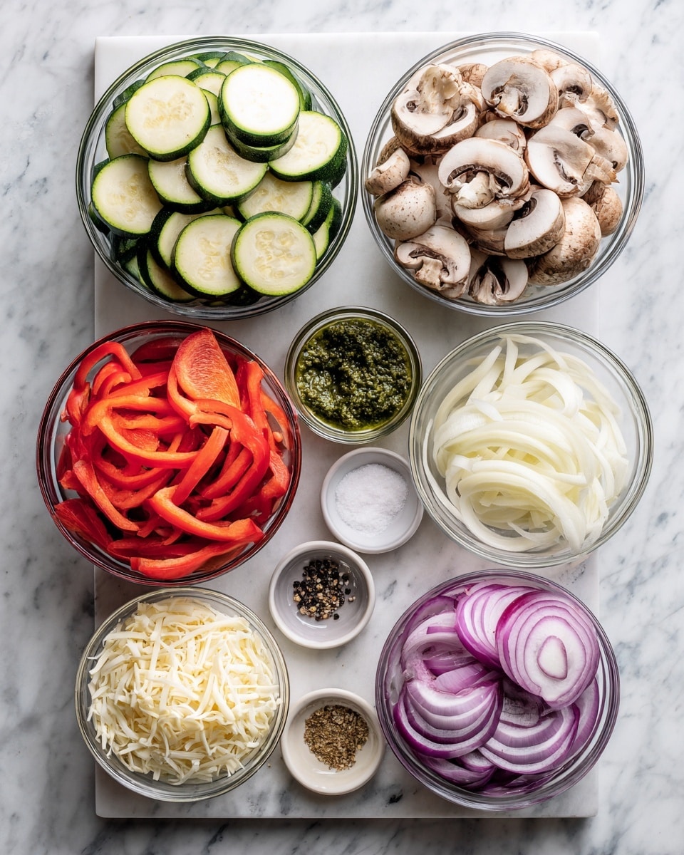 Top-down professional food photography, flat lay style, bright white marble countertop, neatly arranged, evenly spaced, tidy, clean organized layout, include: bowl of sliced zucchini, bowl of sliced cousa squash, bowl of sliced portobello mushrooms, bowl of sliced red bell peppers, bowl of sliced red onion, small bowl of shredded mozzarella cheese, small glass cup of pesto sauce, small bowl of salt, small bowl of black pepper, bright soft natural lighting, sharp focus, high detail textures, realistic reflections, professional DSLR look, 4K, no finished dish, no cooked food, no hands, no text, no watermark, no brand logos --ar 4:5 --v 7