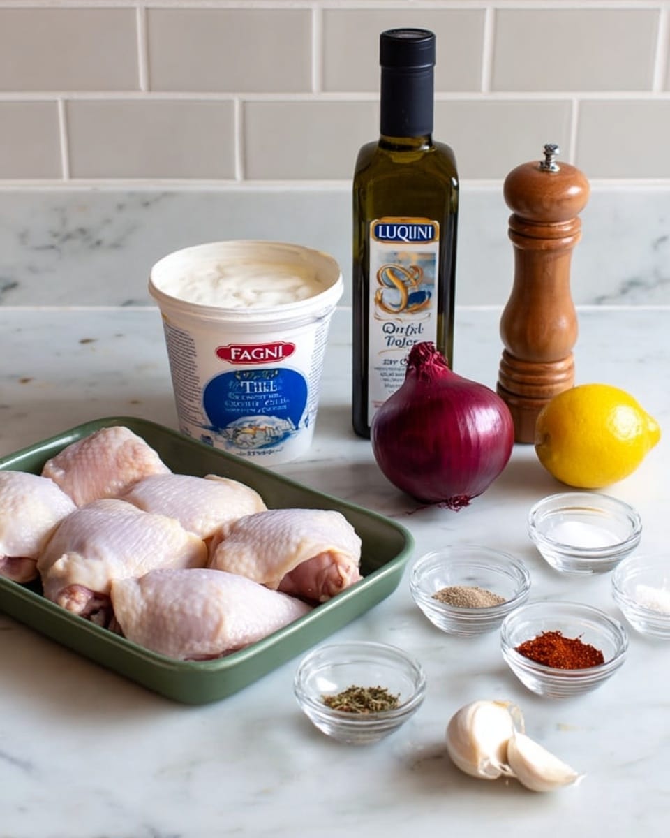 The image shows several ingredients neatly arranged on a white marbled surface with a white tiled wall in the background. There is a green rectangular tray holding six pieces of raw chicken thighs at the front left. Next to the tray, towards the back, there is a white container of FAGE Total 5% milkfat Greek yogurt with a blue and red label. Behind this container, a tall dark green bottle of Lucini extra virgin olive oil stands upright with a black cap. To the right of the bottle, a wooden pepper grinder stands next to a whole red onion. In front of the onion, there is a small white bowl filled with salt, and a whole yellow lemon is placed beside it. Near the lemon, five small glass bowls hold various spices, including paprika, chili flakes, cinnamon, and others. Three garlic cloves lie in front of the yogurt container. The scene is bright and clean, with all items organized in a straight line. Photo taken with an iphone --ar 4:5 --v 7