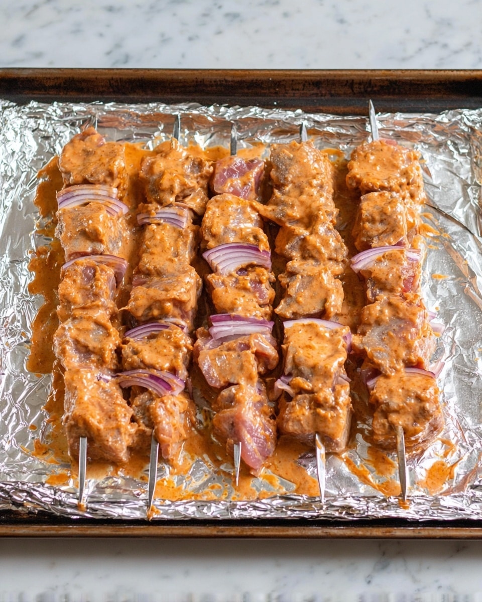 The image shows six metal skewers filled with layers of raw meat and purple onion pieces, all covered in a thick orange marinade, placed flat on foil that covers a baking tray. The meat layers are irregular and chunky, with the orange marinade evenly spread, giving a creamy and slightly textured look. The purple onion slices appear between the meat layers, adding spots of purple color. The baking tray sits on a white marbled surface. photo taken with an iphone --ar 4:5 --v 7