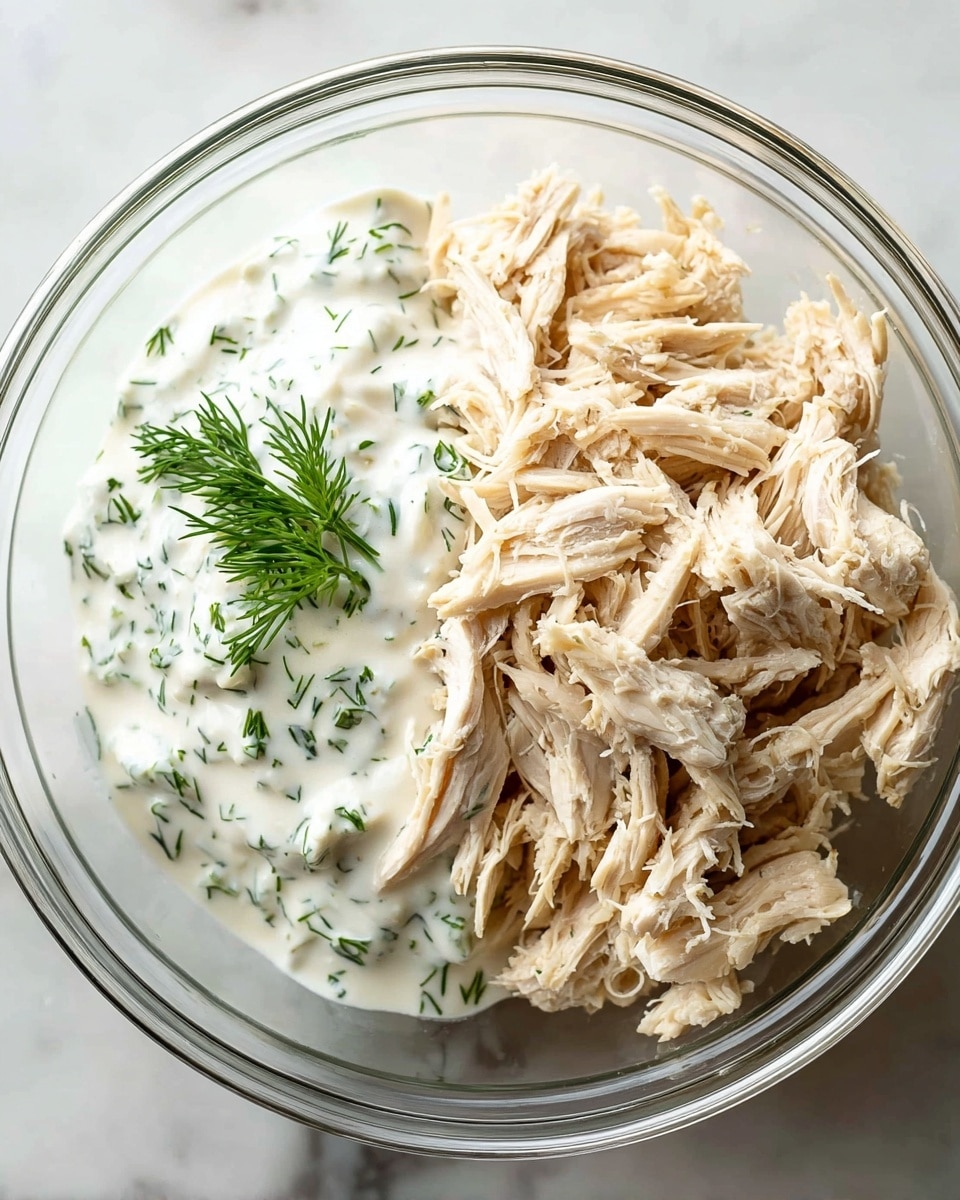 A clear glass bowl sits on a white marbled surface, holding two main parts side by side; on the right, there is light beige shredded chicken with soft, fibrous texture, and on the left, a creamy white sauce speckled with fine green dill leaves, giving it a fresh and slightly textured look. A small sprig of fresh dill rests on top of the sauce. The bowl is well-lit, showing the smooth and fibrous details of the chicken and the thick, creamy texture of the sauce. photo taken with an iphone --ar 4:5 --v 7