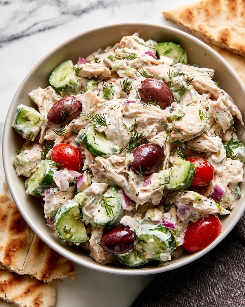A white bowl filled with a layered chicken salad, showing shredded pale beige chicken mixed with creamy white sauce, scattered with dark olives, bright red cherry tomatoes, and green cucumber slices with slightly rough edges, along with small pieces of purple onion and green dill sprinkled on top. The bowl is on a white marbled surface next to flatbread pieces with a light brown toasted pattern. photo taken with an iphone --ar 4:5 --v 7