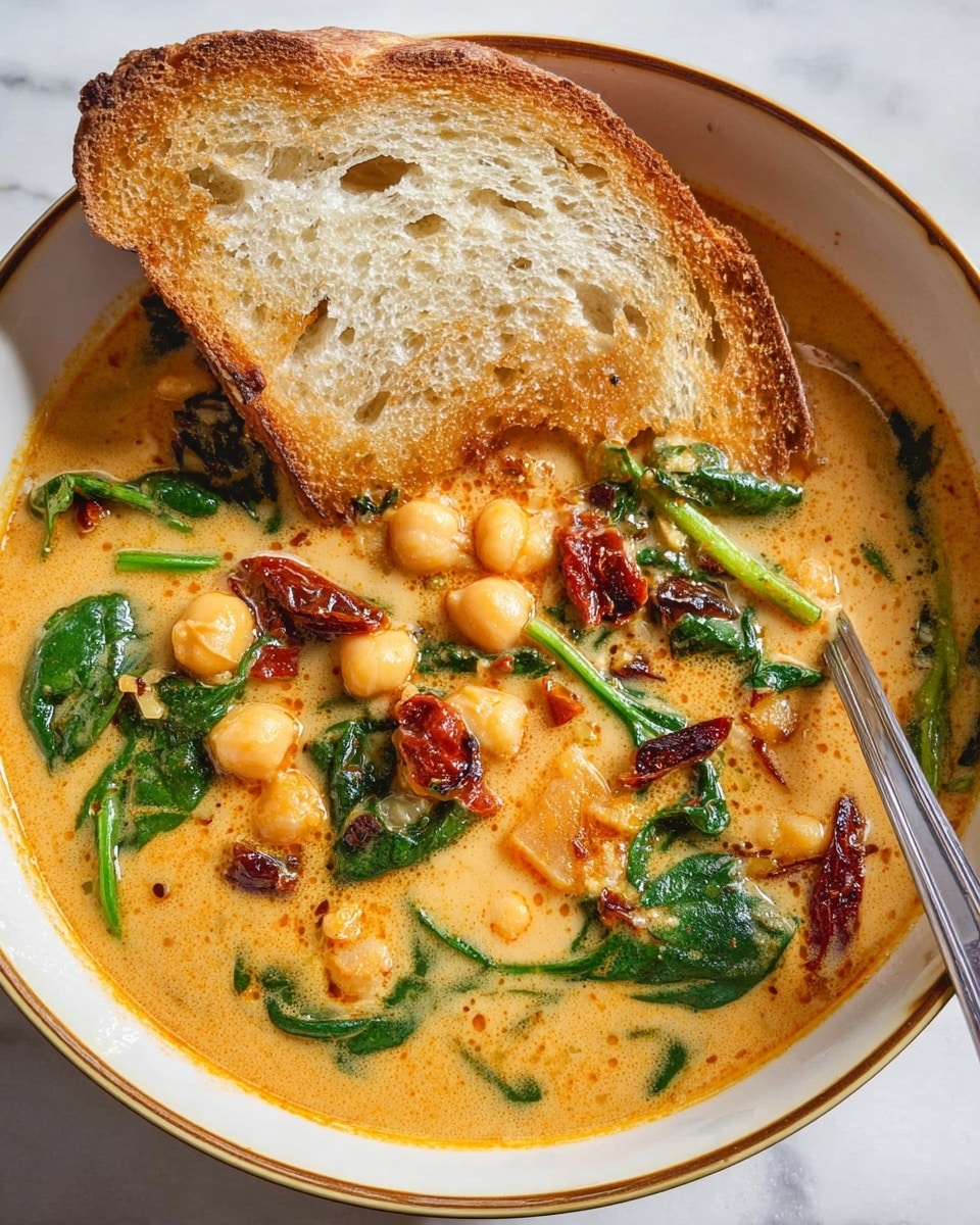 A shallow white bowl with a thin gold rim holds a creamy orange soup filled with light beige chickpeas and dark green spinach leaves. Scattered throughout the soup are small pieces of browned onion and dark red sun-dried tomatoes. A large, thick slice of golden-brown toasted bread sits partially dipped on one side of the bowl, showing a soft inner texture with some bubbles. A shiny silver spoon rests inside the bowl on the right side. The bowl is placed on a white marbled surface. photo taken with an iphone --ar 4:5 --v 7