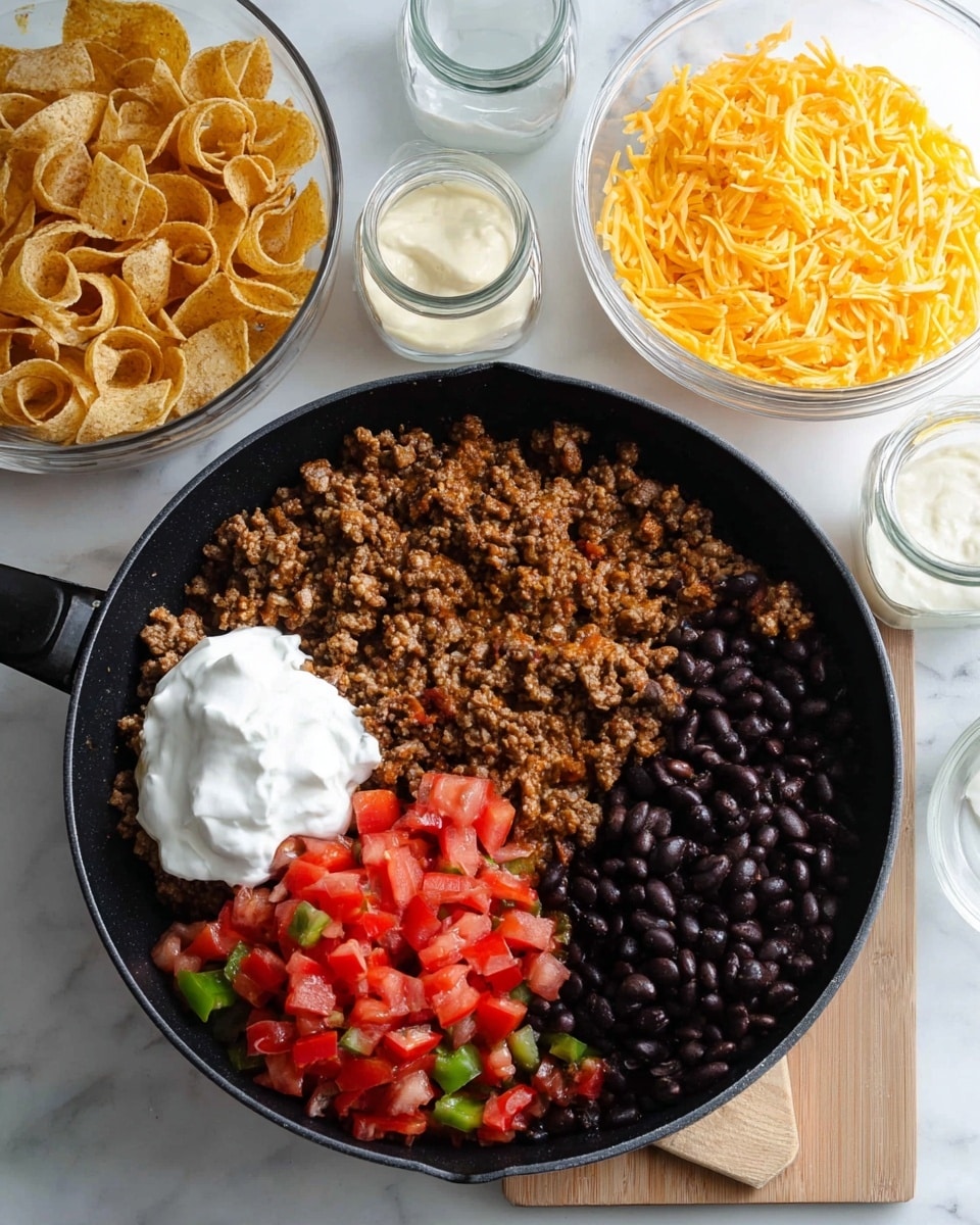 A black skillet filled with three main layers: cooked ground meat forming the base layer, a large portion of black beans piled on the right side, and a vibrant mix of diced red tomatoes and green peppers on the bottom side. On top of the meat layer, there is one large dollop of white creamy sour cream. Around the skillet on a white marbled surface are several glass bowls, one with orange shredded cheese on a wooden board, a bowl with creamy white sauce, and three small empty glass jars. In the top left corner, a large clear bowl is filled with light brown curly chips. Photo taken with an iphone --ar 4:5 --v 7