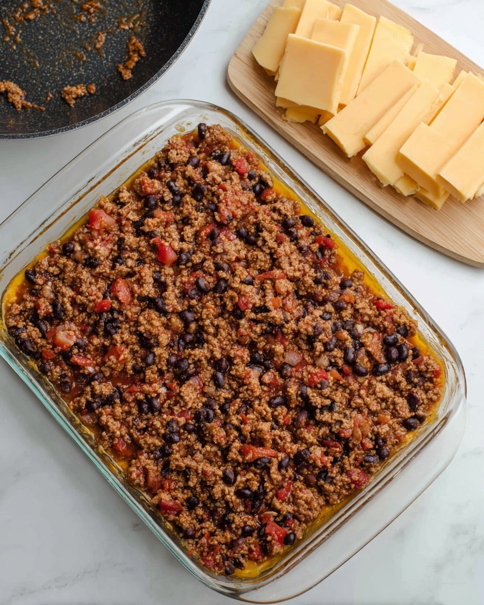 A clear glass rectangular baking dish filled with a thick, even layer of cooked ground meat mixed with black beans and small chopped tomatoes, covering a yellow base layer underneath, possibly cheese or a tortilla layer. The surface is rough with a mix of brown, black, and red colors from the meat, beans, and tomatoes. To the top right of the dish is a white wooden board holding a block and several slices of marbled yellow and white cheese. Above, there is a black pan with some food residue visible. The scene rests on a white marbled surface. Photo taken with an iphone --ar 4:5 --v 7