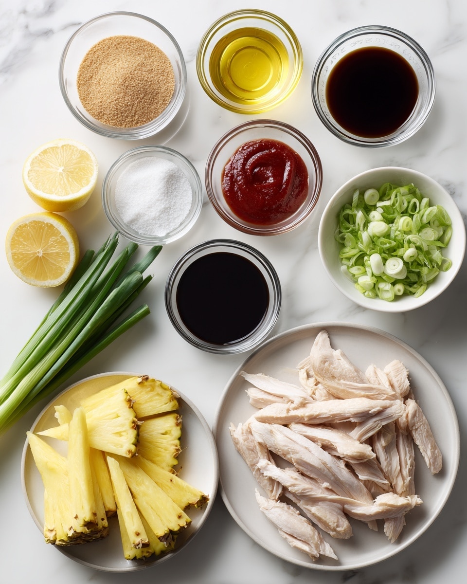 Top-down professional food photography flat lay style, bright white marble countertop, neatly arranged, evenly spaced, tidy, clean organized layout, include: bowl of light brown sugar, bowl of kosher salt, bowl of ground ginger, small glass cup of olive oil, glass measuring cup of ketchup, glass measuring cup of reduced sodium soy sauce, glass measuring cup of lemon juice, plate of thinly sliced prepared chicken pieces, fresh whole pineapple sliced into long spears on a small plate, small bowl of thinly sliced green onions, bright soft natural lighting, sharp focus, high detail textures, realistic reflections, professional DSLR look, 4K, no finished dish, no cooked food, no hands, no text, no watermark, no brand logos --ar 4:5 --v 7