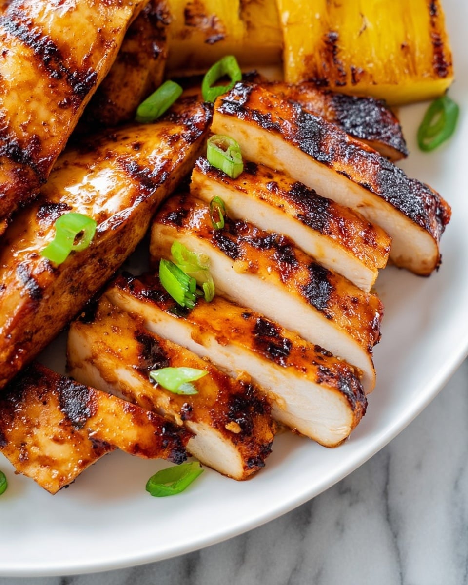 The image shows several pieces of grilled chicken, sliced into thick strips with shiny, golden-brown grilled marks on the outside, placed on a white plate. The chicken has a slightly charred texture with dark grill lines and visible moist white inside. Among the pieces, small green onion slices add a touch of fresh green color. On the edge of the plate, there is a piece of grilled pineapple with a bright yellow color and brown grilled marks on its surface. The plate is set on a white marbled surface. photo taken with an iphone --ar 4:5 --v 7