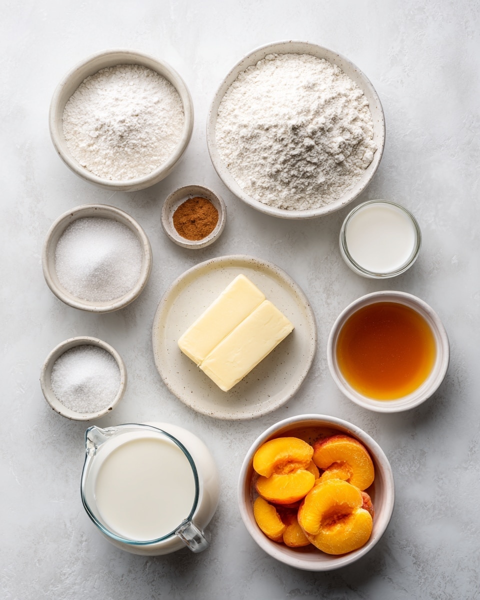 Top-down professional food photography, flat lay style, bright white marble countertop, neatly arranged, evenly spaced, tidy, clean organized layout, include: bowl of all-purpose flour, small bowl of sugar, small bowl of baking powder, small bowl of ground cinnamon, small bowl of salt, small plate with stick of unsalted butter, glass measuring cup of milk, bowl of canned peaches with syrup, bright soft natural lighting, sharp focus, high detail textures, realistic reflections, professional DSLR look, 4K, no finished dish, no cooked food, no hands, no text, no watermark, no brand logos --ar 4:5 --v 7