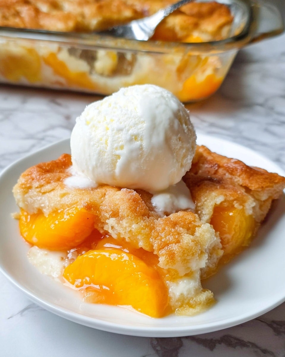 A white plate holds a warm peach cobbler slice with a thick, golden-brown crust on top, soft creamy filling underneath, and bright orange peach slices peeking through the dessert layers. On top of the cobbler slice, there is a round scoop of smooth white ice cream slightly melting around the edges. More peach cobbler is seen in a glass baking dish in the background. The scene is set on a white marbled surface. photo taken with an iphone --ar 4:5 --v 7