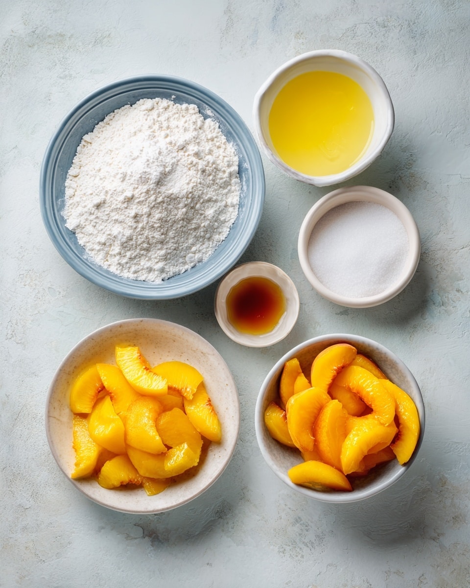 Top-down professional food photography flat lay style, bright white marble countertop, neatly arranged, evenly spaced, tidy, clean organized layout, include: bowl of self-rising flour, small bowl of granulated sugar, small plate of melted butter, bowl of sliced peaches in syrup, bright soft natural lighting, sharp focus, high detail textures, realistic reflections, professional DSLR look, 4K, no finished dish, no cooked food, no hands, no text, no watermark, no brand logos --ar 4:5 --v 7