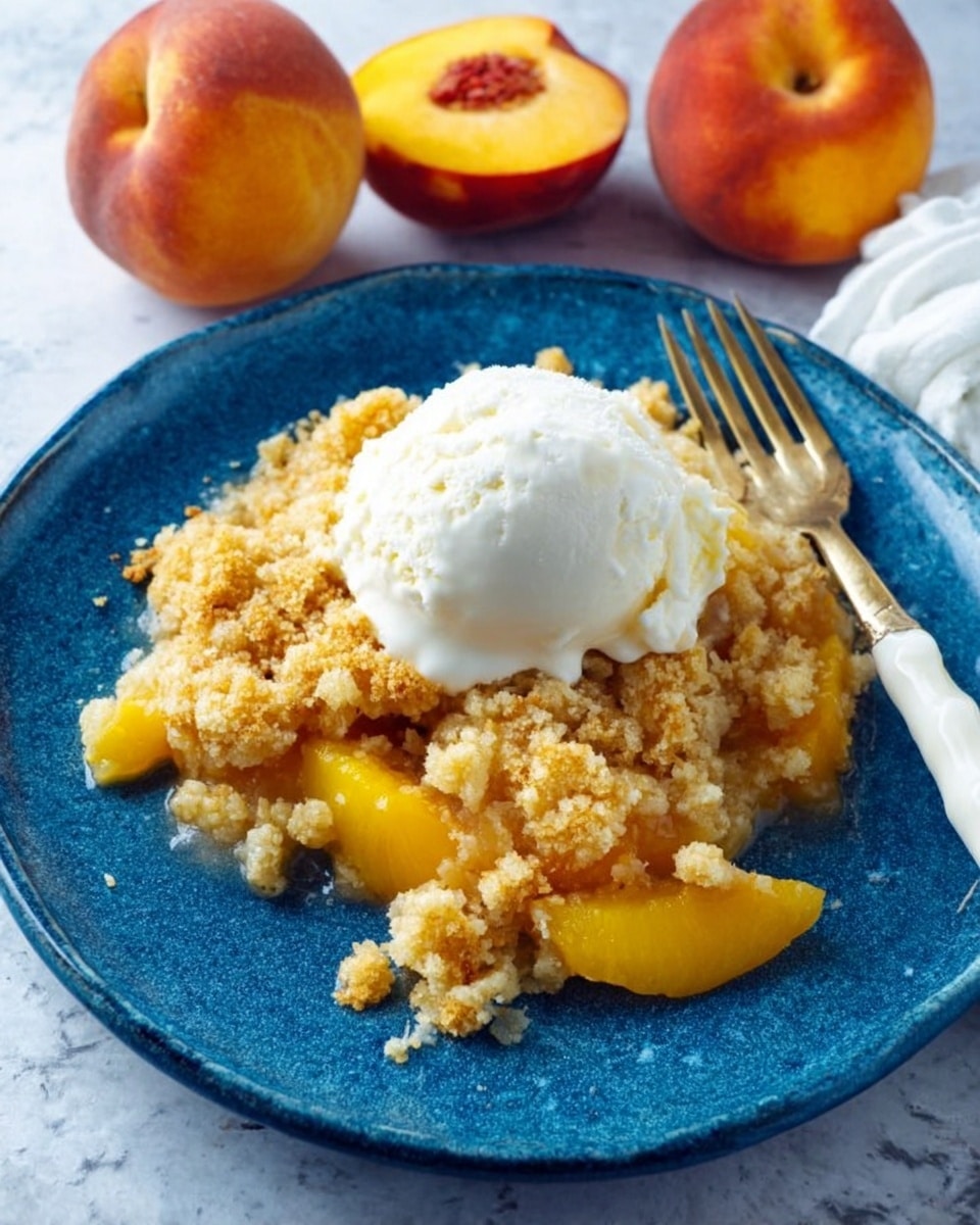 A blue plate holds a peach cobbler with visible soft yellow peach slices on the bottom layer, topped with a thick crumbly golden brown crust layer that looks crunchy and unevenly broken. On top of the crust sits a smooth scoop of melting white ice cream. The plate is set on a white marbled texture, with whole peaches and a fork with a white handle placed nearby. photo taken with an iphone --ar 4:5 --v 7