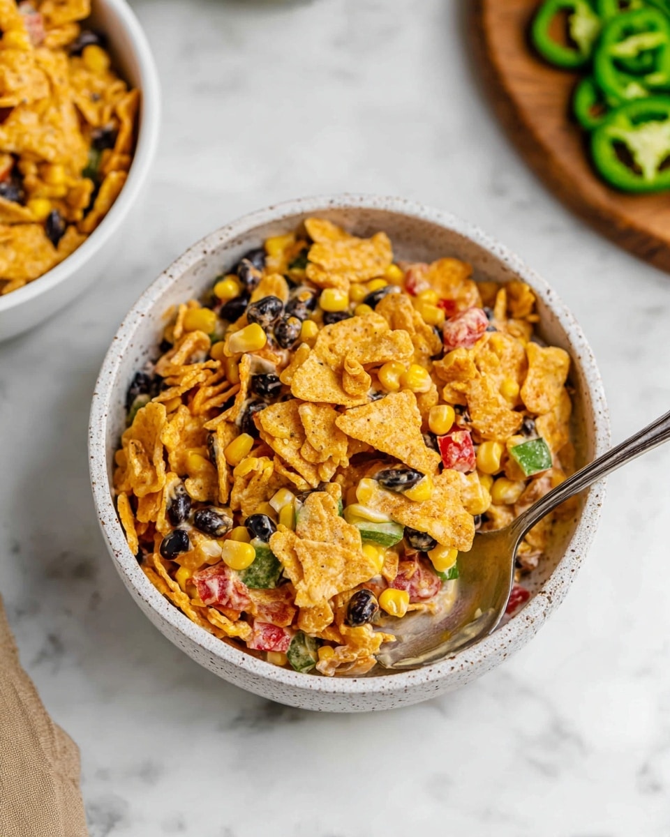 A white speckled bowl filled with a colorful mix of crispy corn chips, bright yellow corn kernels, black beans, diced green peppers, and small pieces of red peppers. The mix looks creamy, with the chips layered and scattered unevenly throughout the bowl, showing a rough and crunchy texture. A silver spoon is placed inside the bowl, leaning to the left. The bowl sits on a white marbled surface, with another bowl and some sliced green peppers on a wooden board blurred in the background. photo taken with an iphone --ar 4:5 --v 7